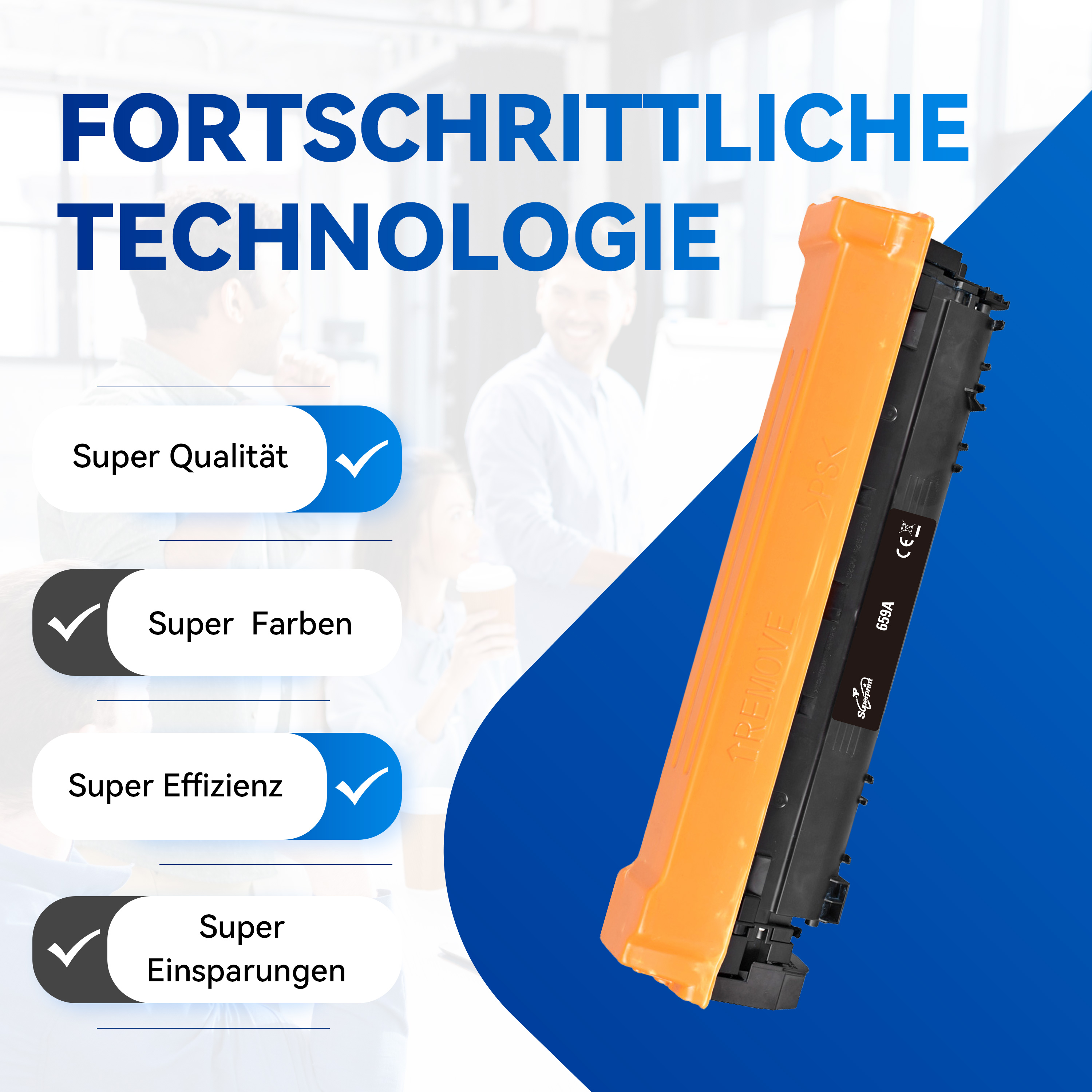 Afbeelding met tekst over geavanceerde technologie, vinkjes en een printercartridge.