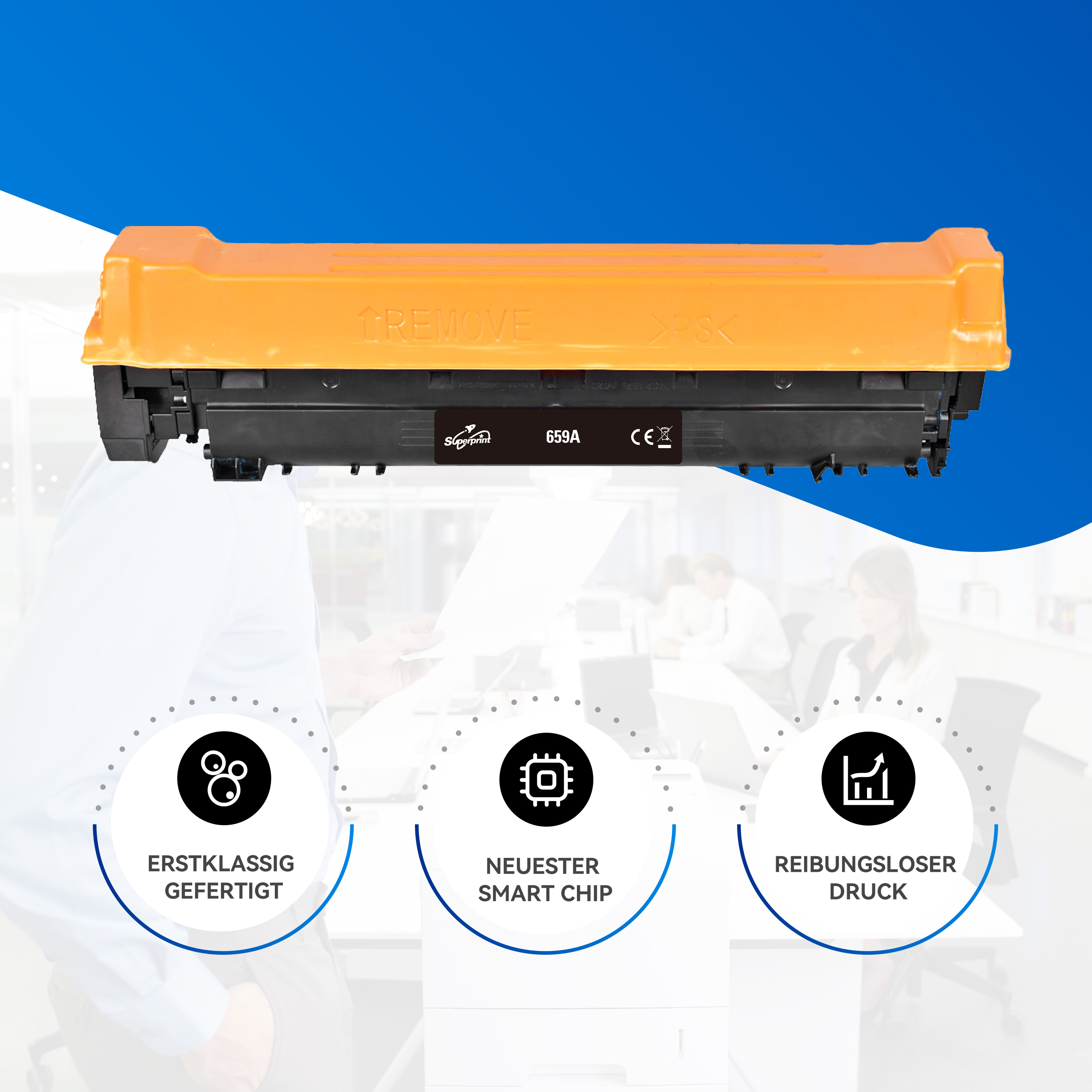 Geel-zwarte inktcartridge voor een printer met tekst en pictogrammen.