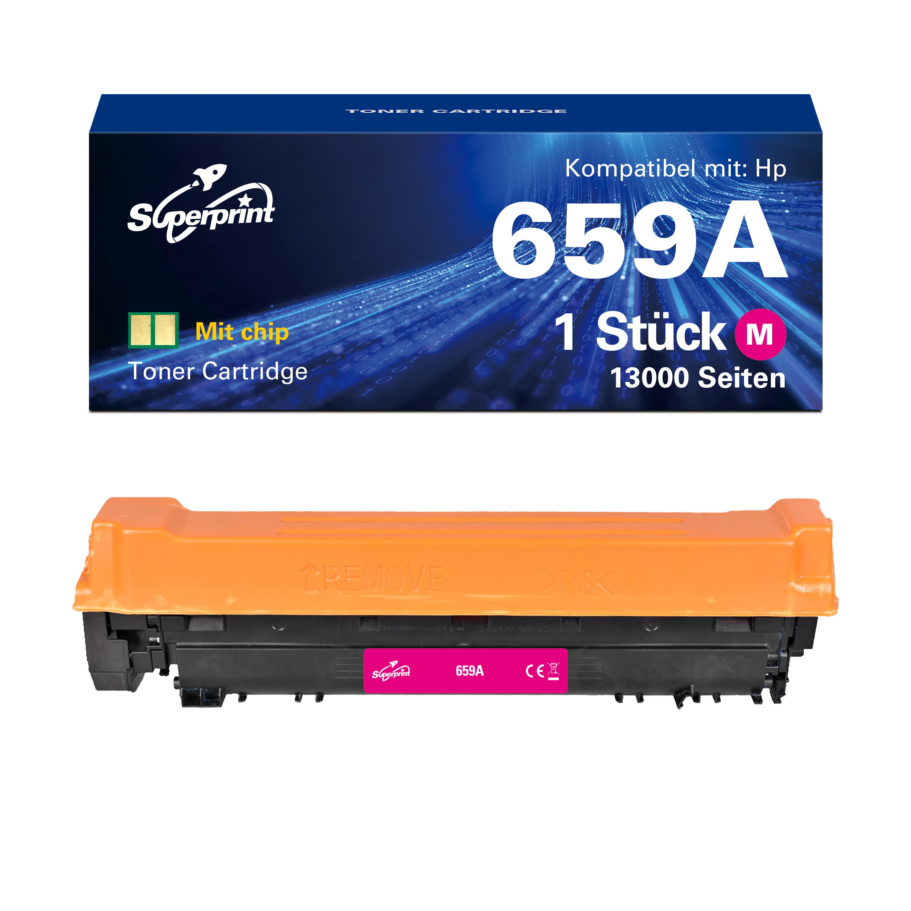 Tonercartridge doos en cartridge. Oranje cartridge met roze label.