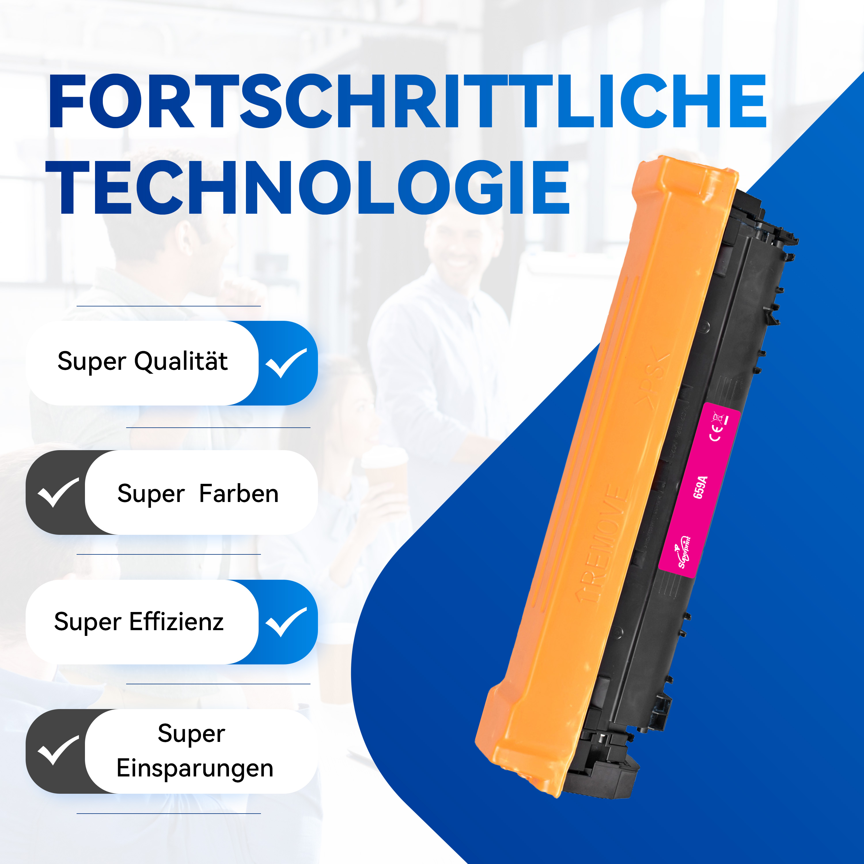 Oranje tonercartridge met vinkjes naast 'Super Kwaliteit', 'Super Kleuren' en 'Super Efficiëntie'.