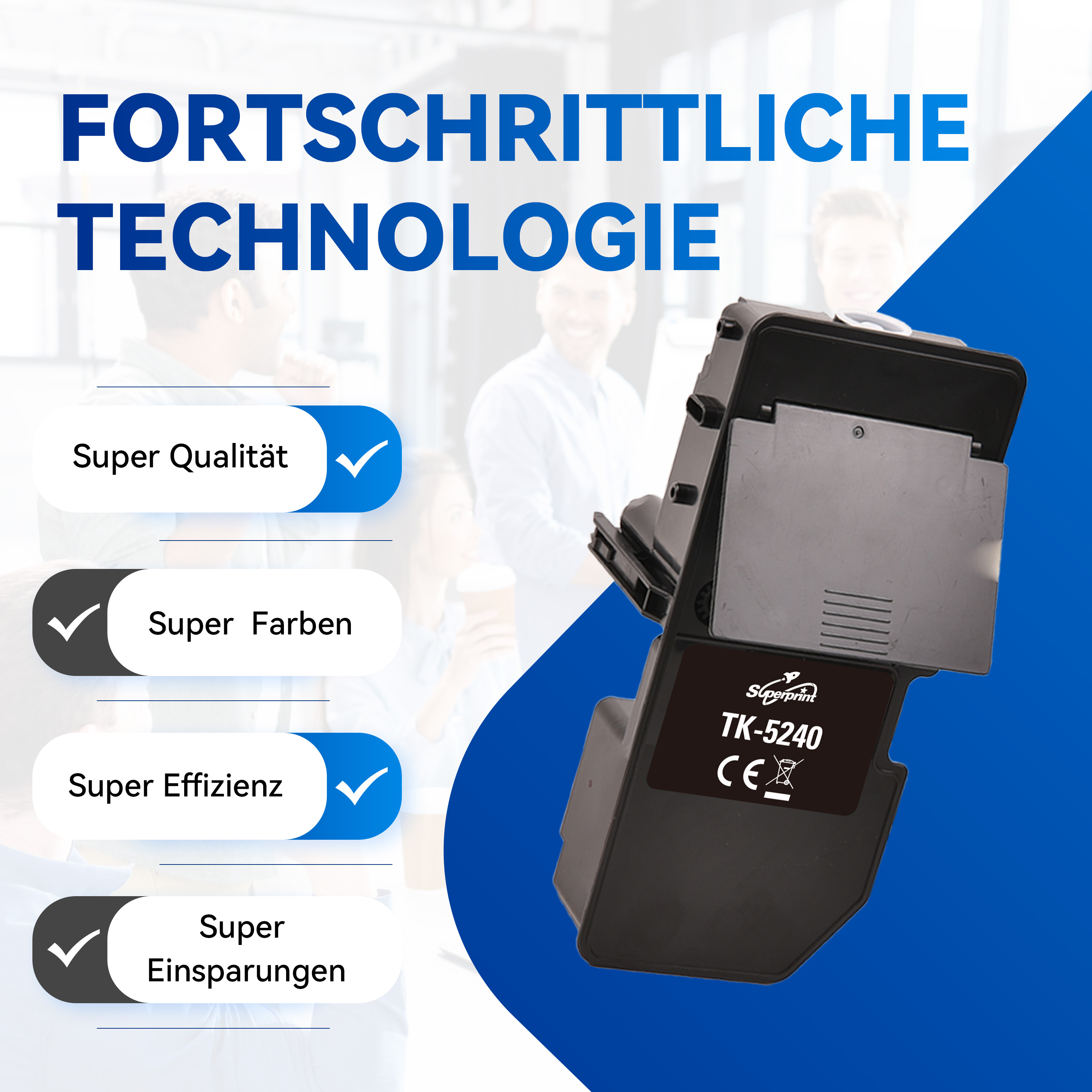Eine schwarze und braune Druckerpatrone mit Häkchen und Text über Qualität, Farben und Einsparungen.