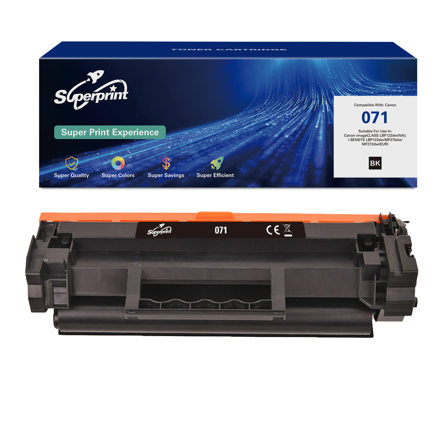 Een tonercartridgebox en een tonercartridge. De doos heeft de merknaam en details.