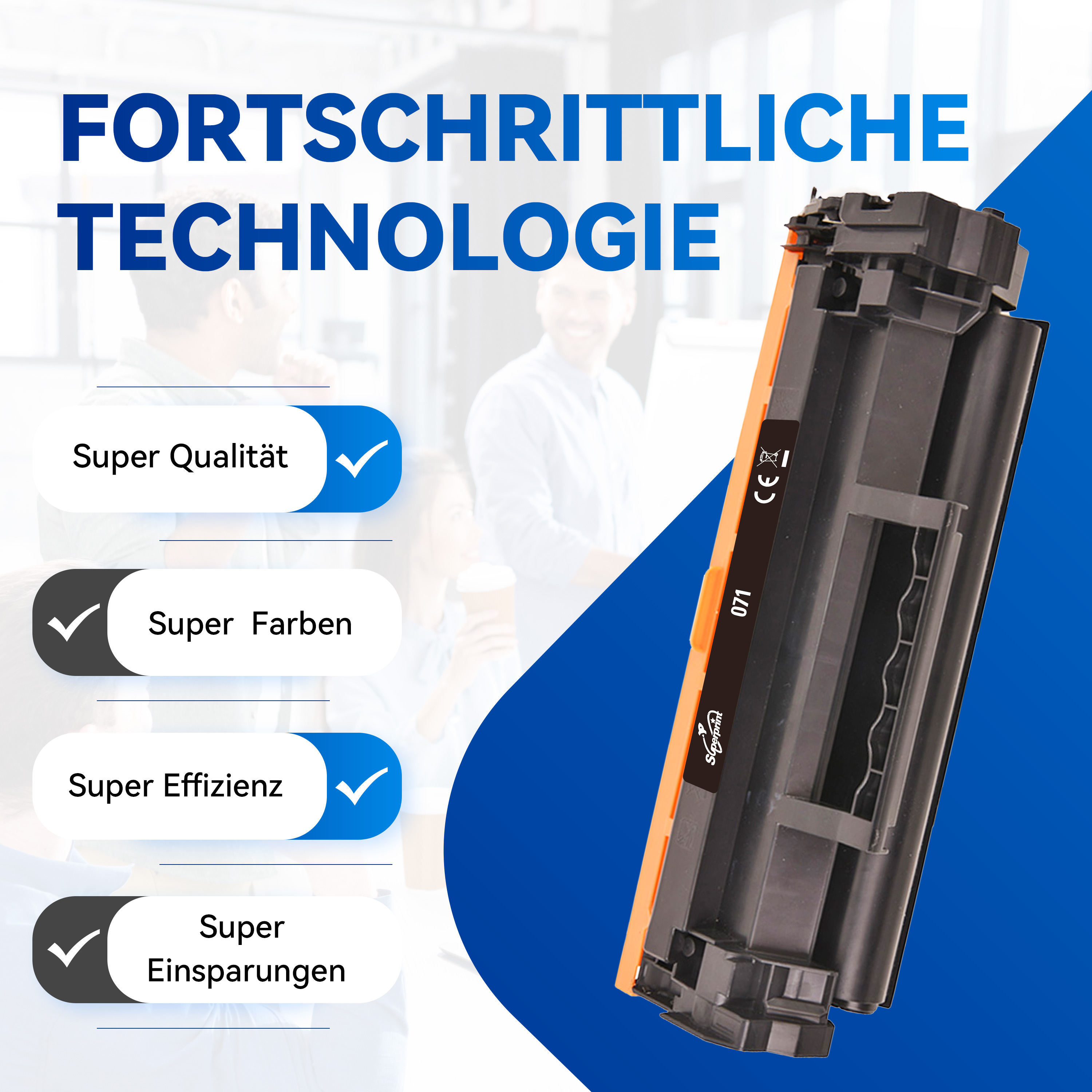 Een cartridge met tekst. Super kwaliteit, kleuren, besparingen en efficiëntie zijn aangevinkt.