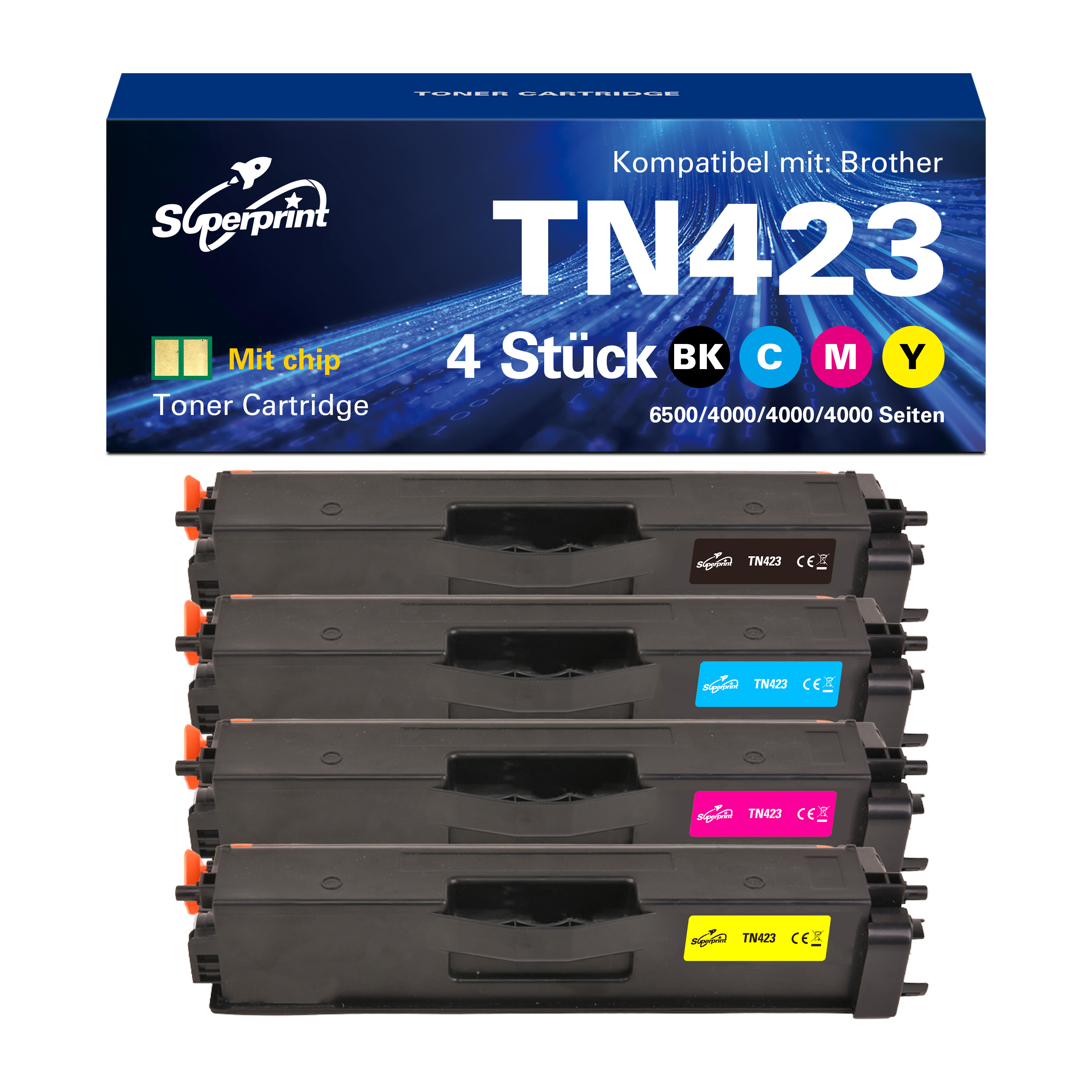 Quatre cartouches de toner d'imprimante noires avec étiquettes de couleur CMYK, dans une boîte étiquetée TN423.
