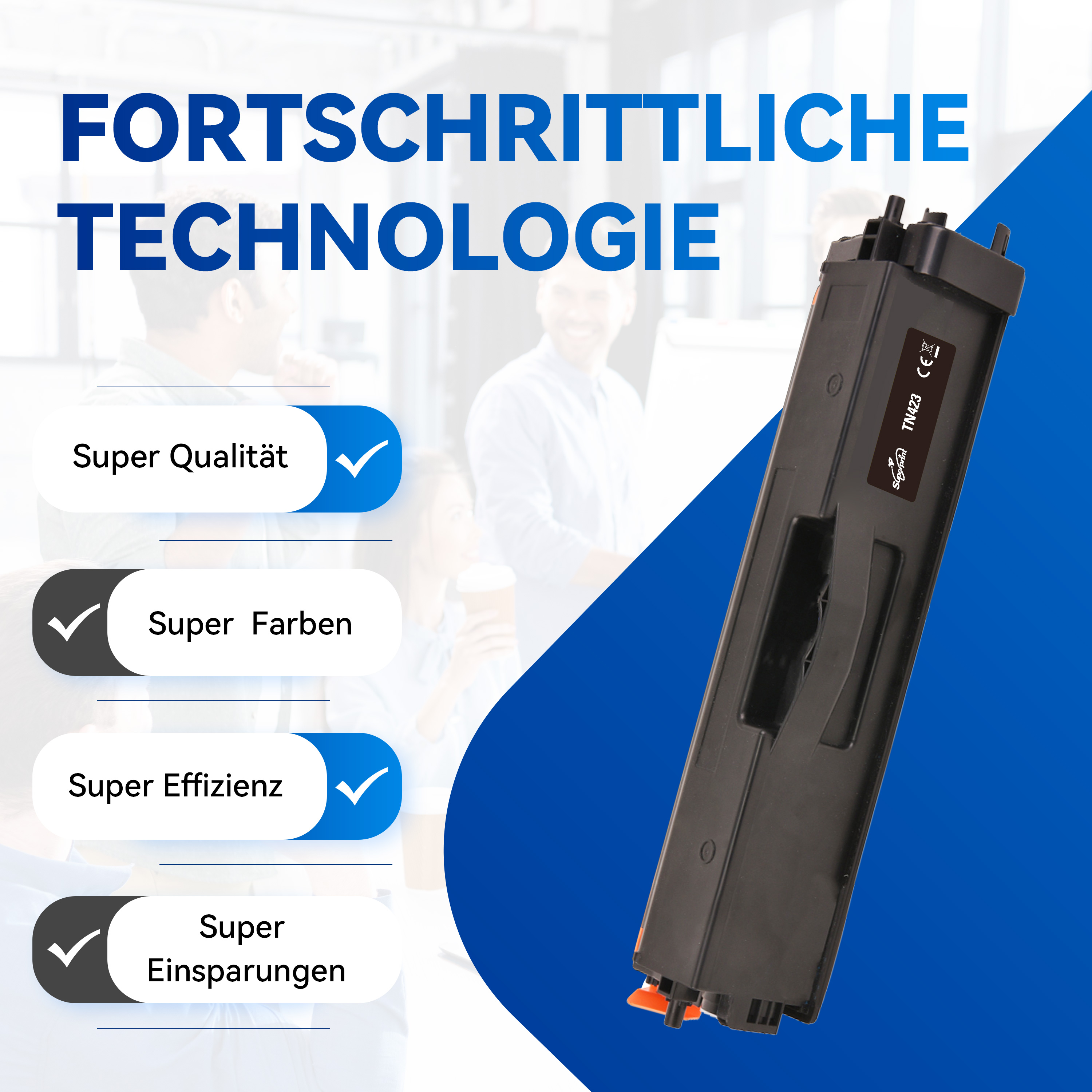 Cartouche d'encre noire avec des coches indiquant une super qualité, des couleurs, une efficacité et des économies.