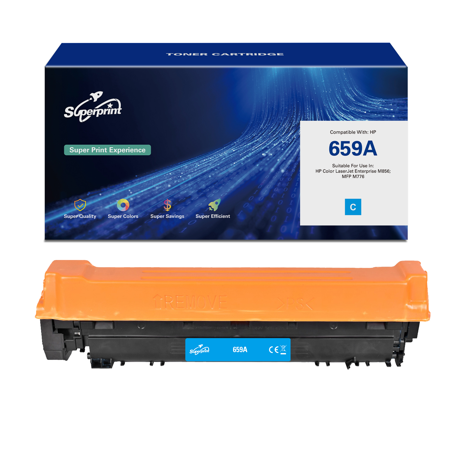 Une cartouche de toner dans une boîte avec le texte Superprint. La cartouche est orange et bleue.