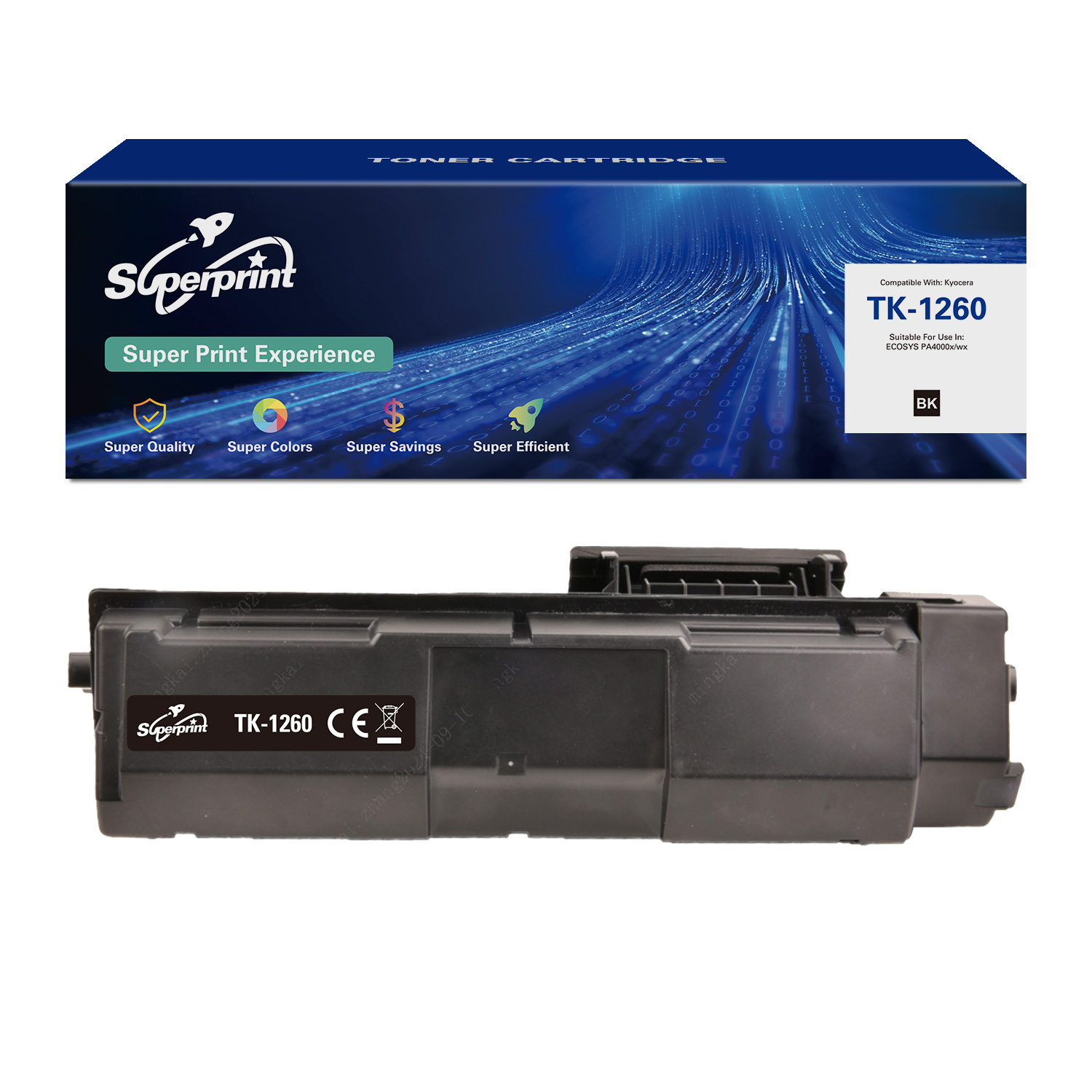 Boîte de cartouche de toner et cartouche de toner sur fond blanc. La boîte contient le texte 'Super Print Experience'.