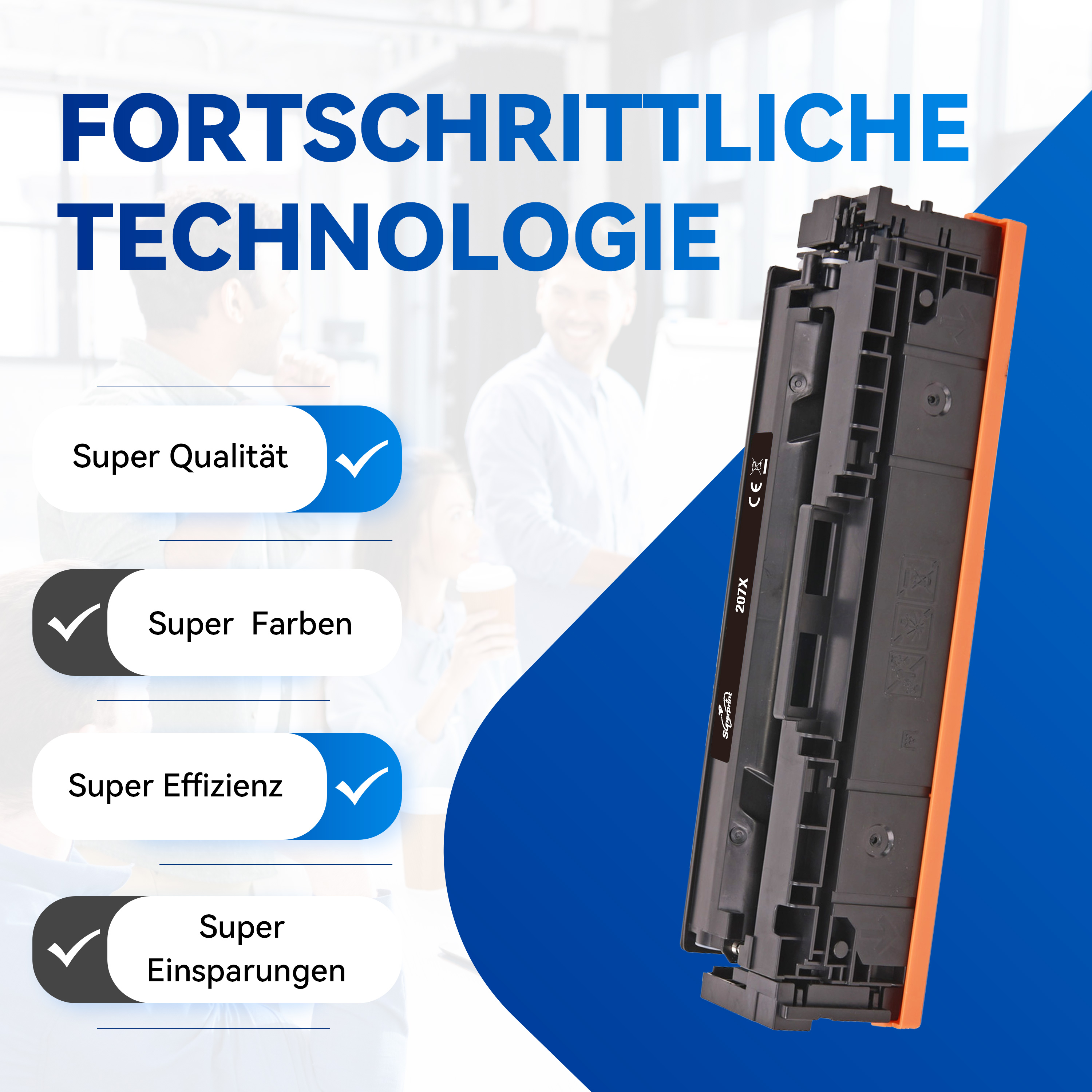 Black and orange printer cartridge with a blue background and text about quality and efficiency.