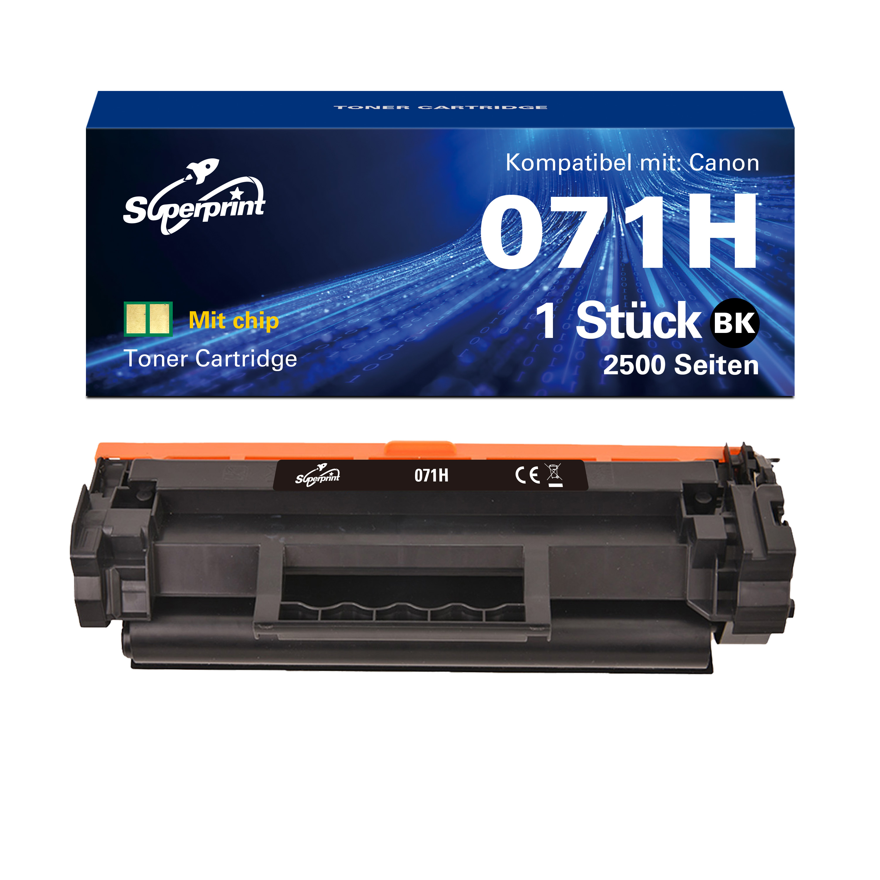Een tonercartridge doos en een zwarte cartridge met het label '071H' voor Canon printers.