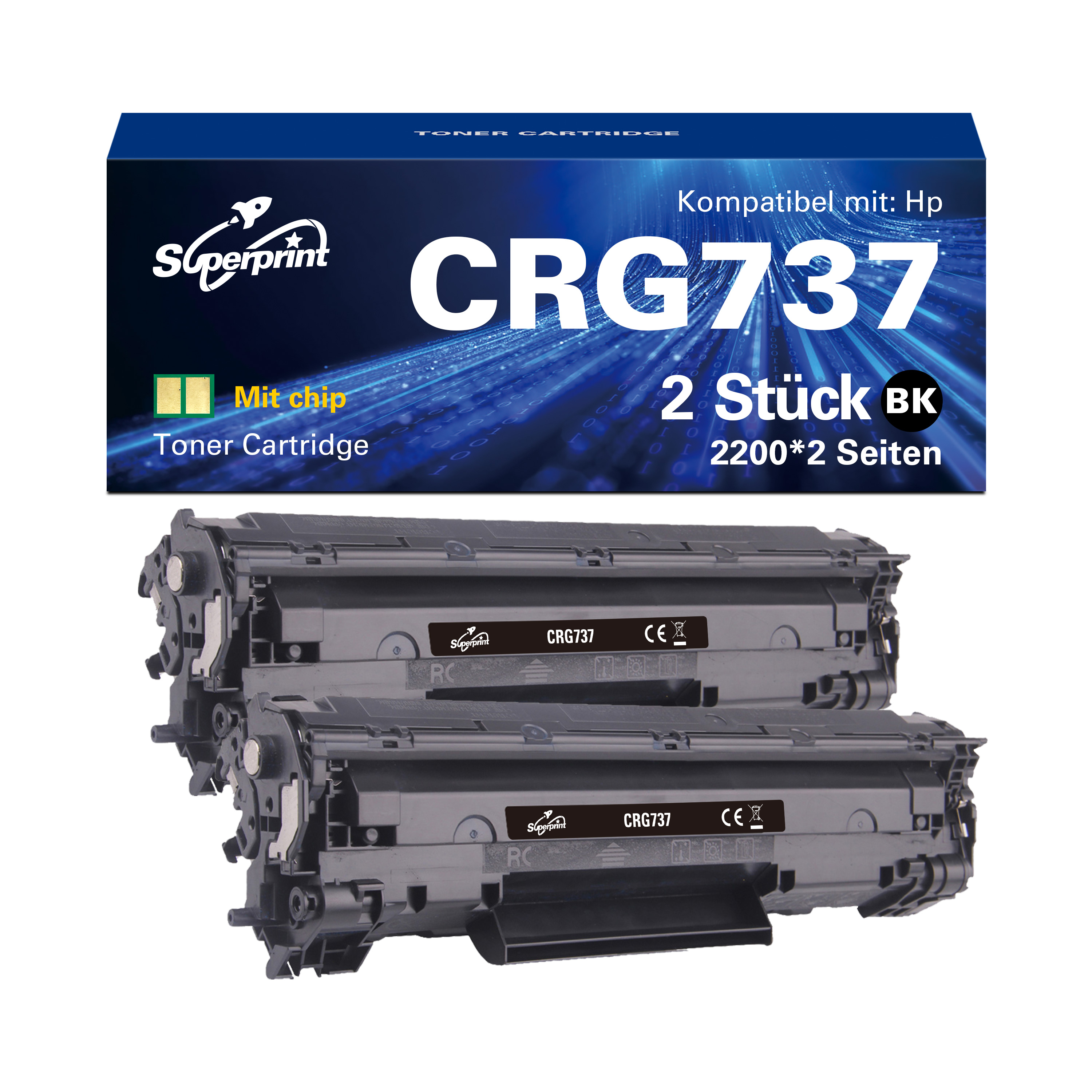 Deux cartouches de toner noires dans une boîte étiquetée 'CRG737' et 'Superprint'.
