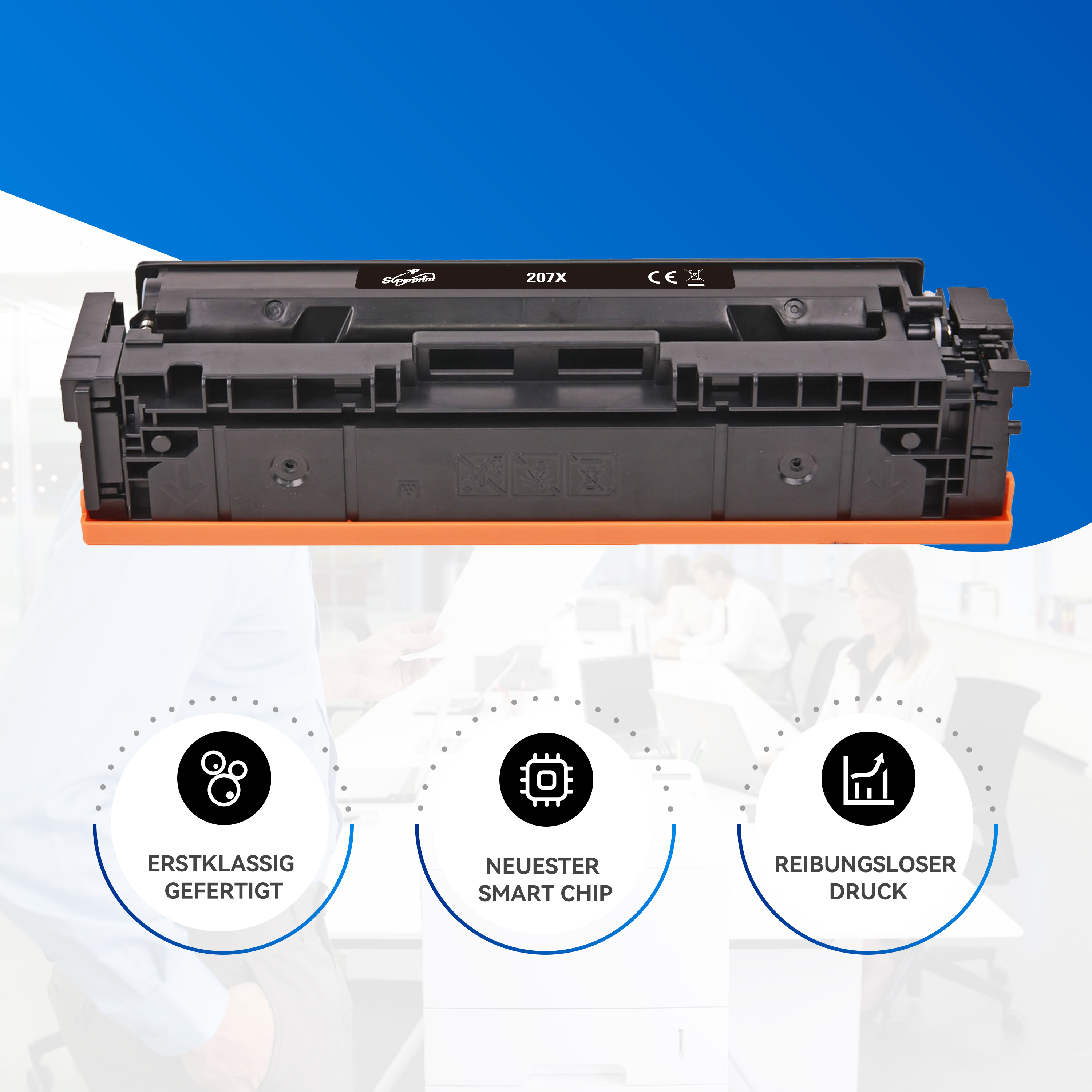 Black printer toner cartridge with orange base. Above are three circles with text about the product. Blue background.