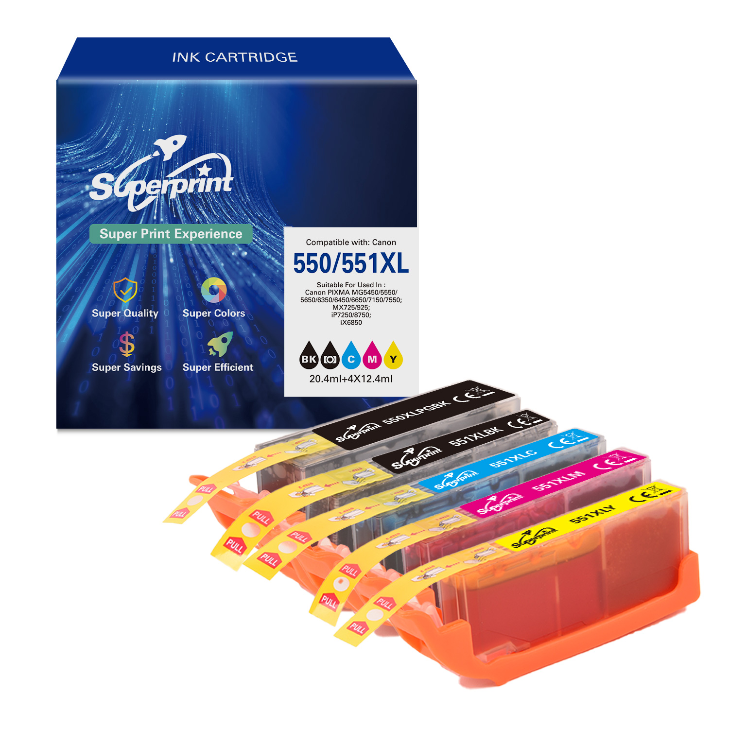 Tintenpatronen-Set mit Box. Farben sind Schwarz, Cyan, Magenta und Gelb.
