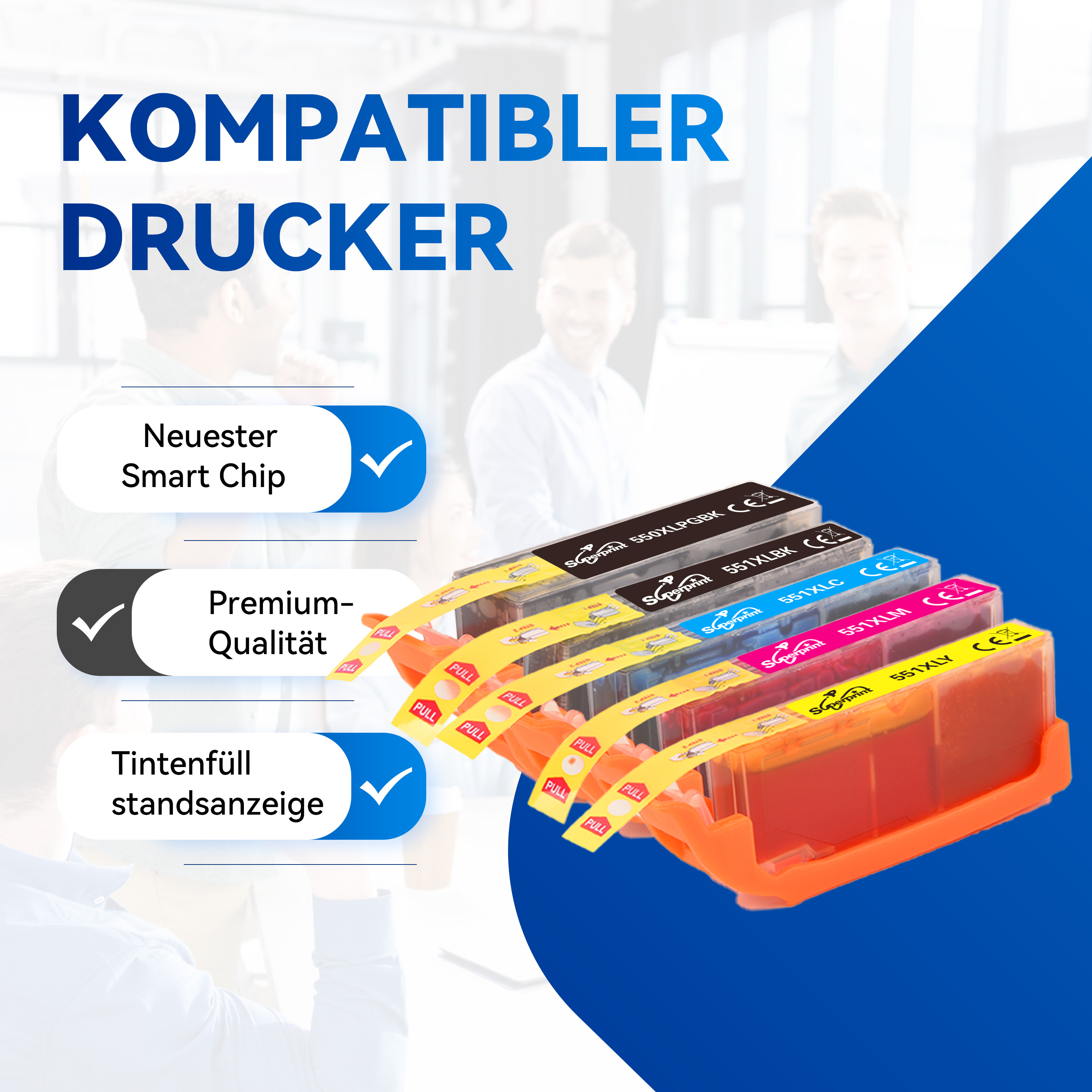 Tintenpatronen mit Etiketten und Laschen. Text enthält 'Premium-Qualität' und 'Neuester Smart Chip'.