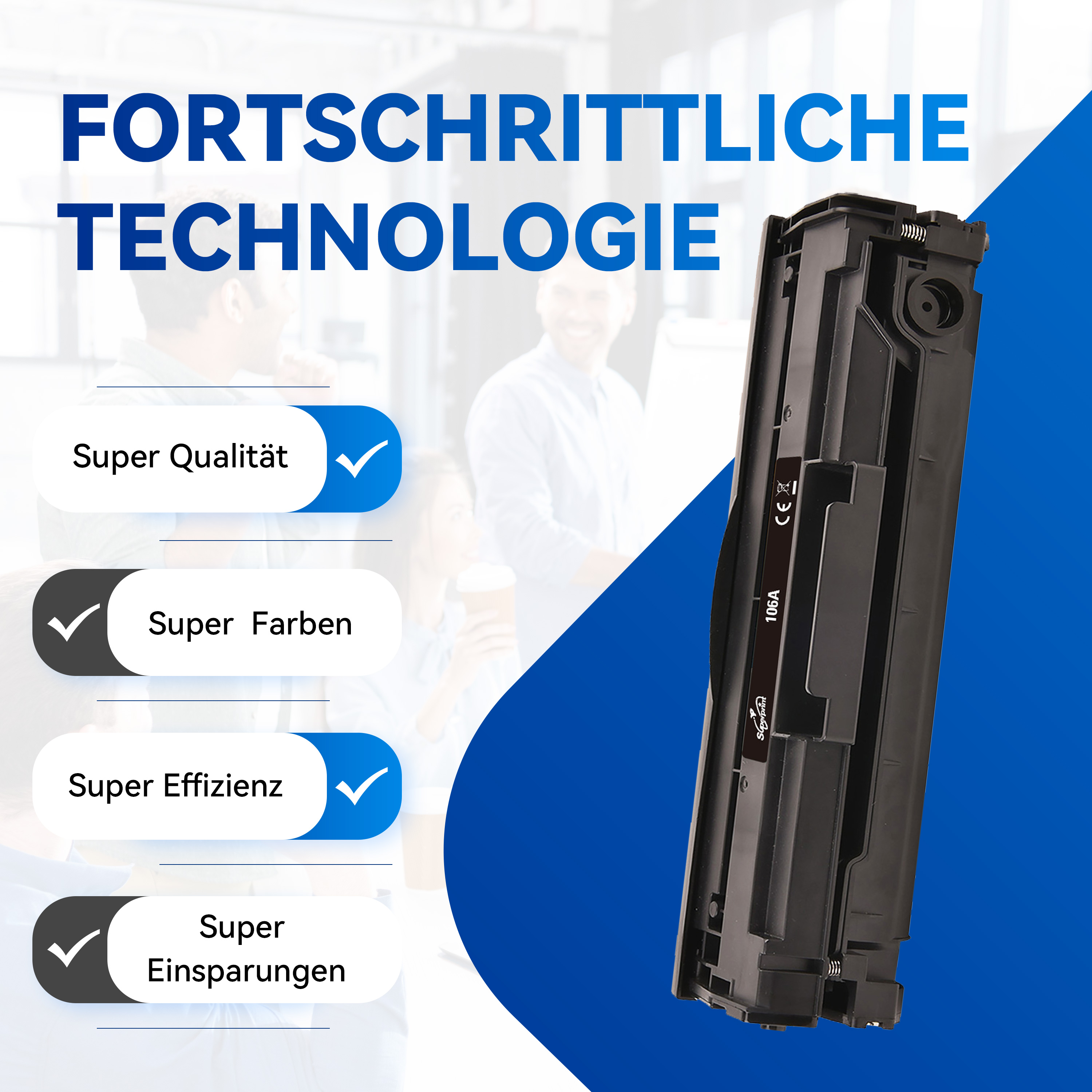 Una cartuccia toner nera con testo e segni di spunta. Le caratteristiche includono Super Qualità, Colori ed Efficienza.