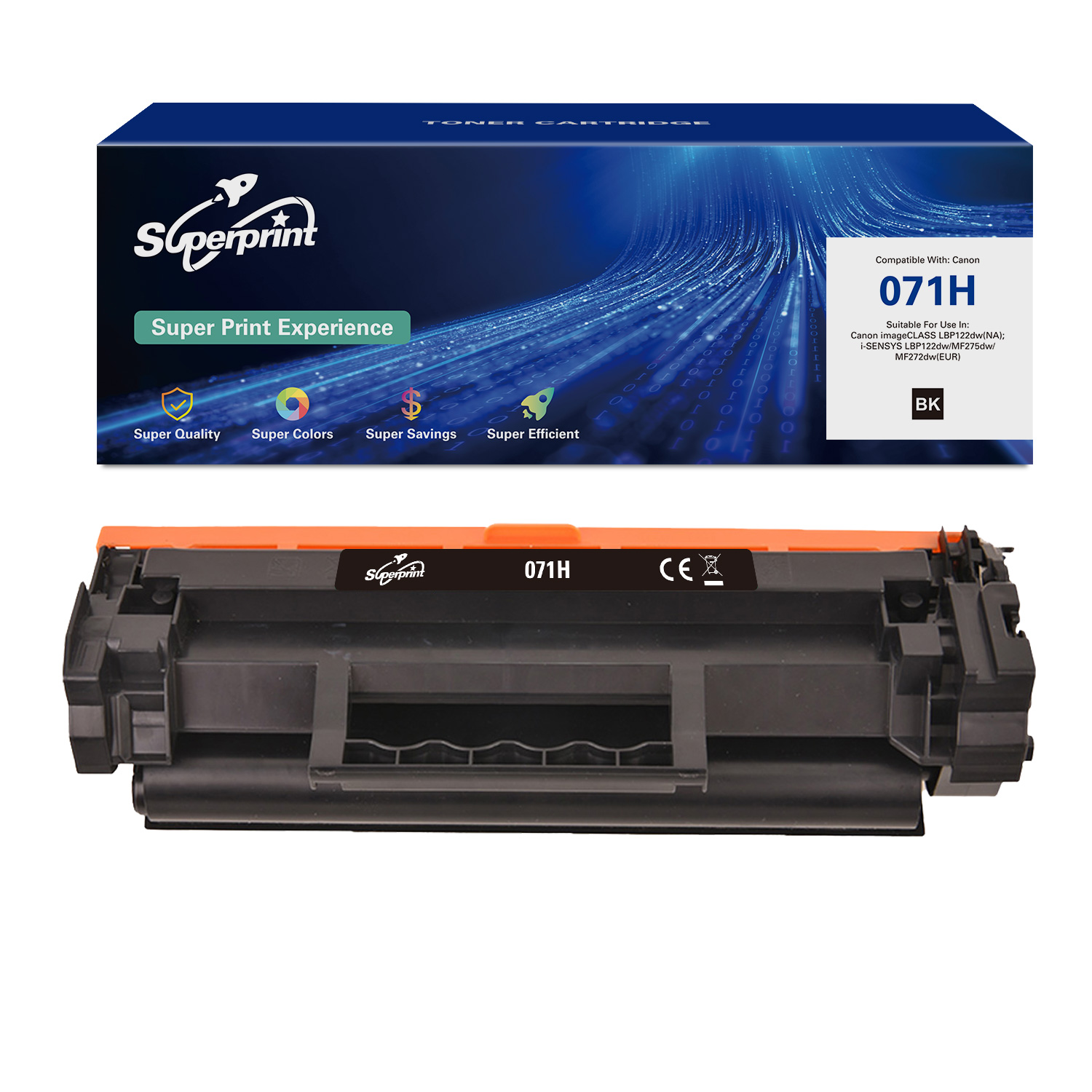 Een zwarte en oranje tonercartridge doos en cartridge, met tekst en logo's, tegen een witte achtergrond.