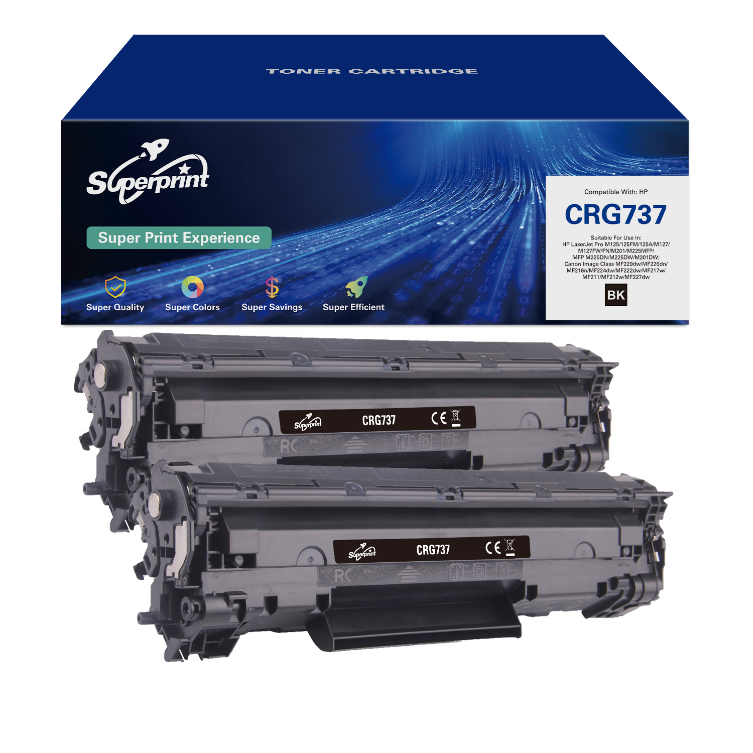 Trois cartouches de toner d'imprimante noires devant une boîte avec des étiquettes "CRG737" et "Superprint".