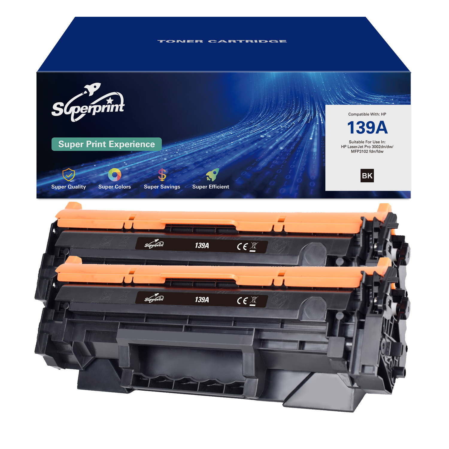 Twee tonercartridges in een doos, gelabeld met productnaam en compatibiliteit met HP 139A, zwarte inkt.