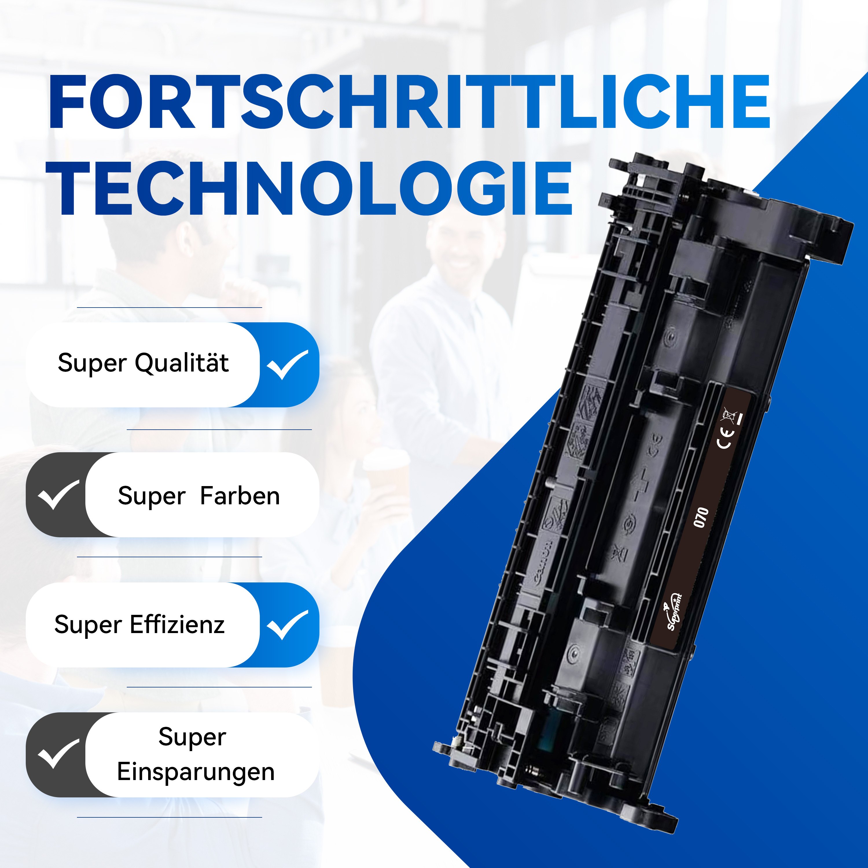 Black ink cartridge with check marks and text. Blue and white background. Super quality and savings.