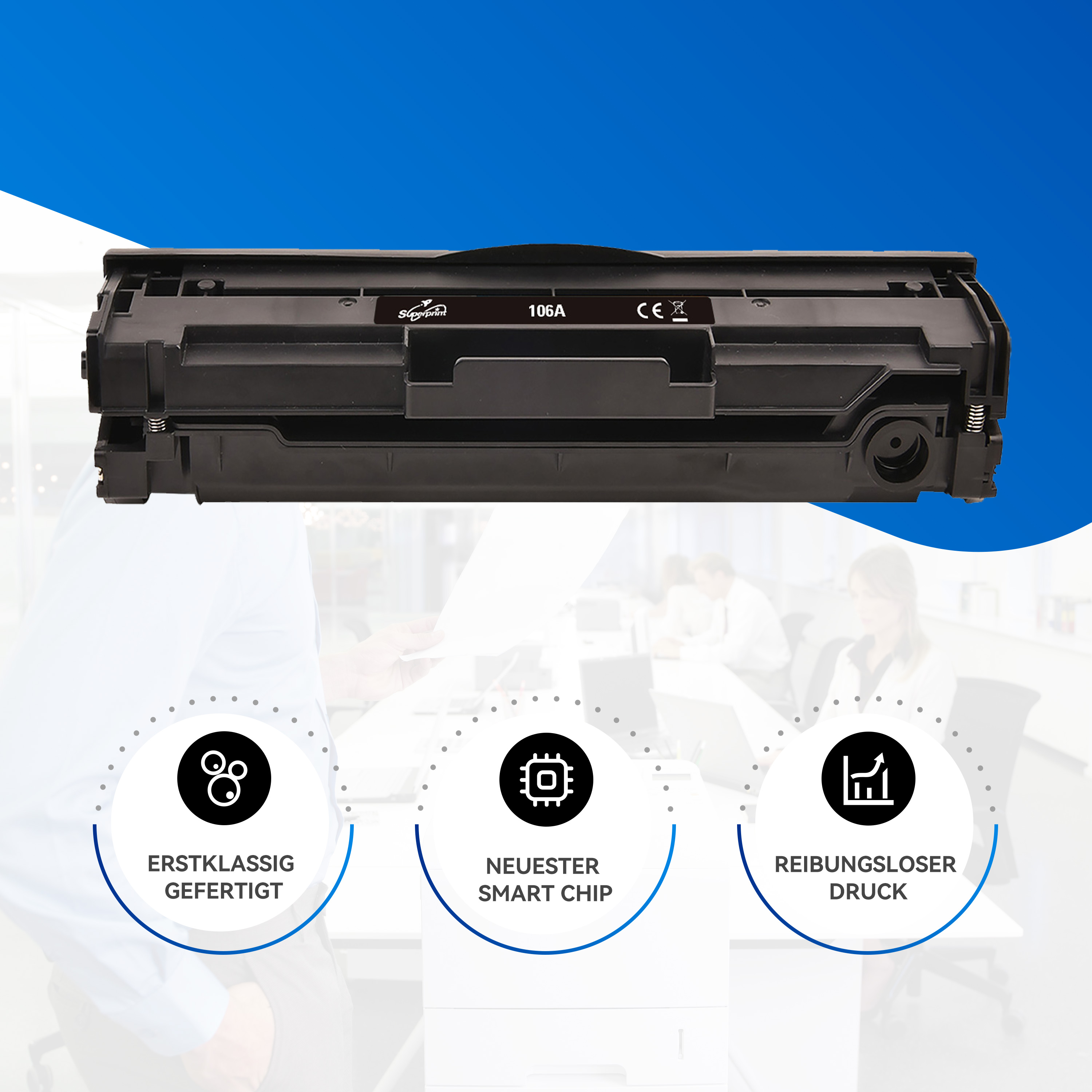 Cartuccia toner nera con testo e icone su sfondo blu e bianco.