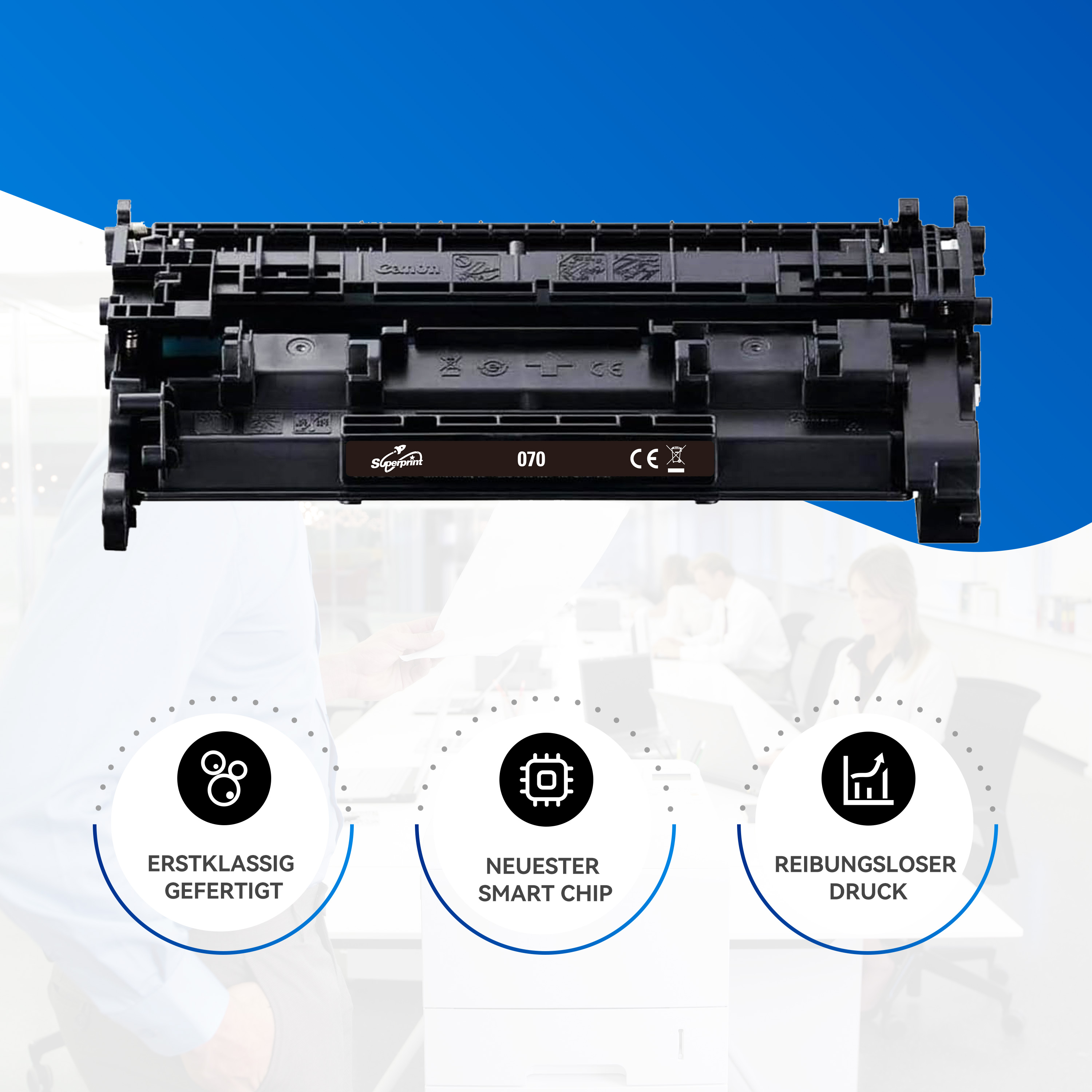 A black toner cartridge with text and icons. Features are 'Erstklassig gefertigt' and 'Neuester Smart Chip'.