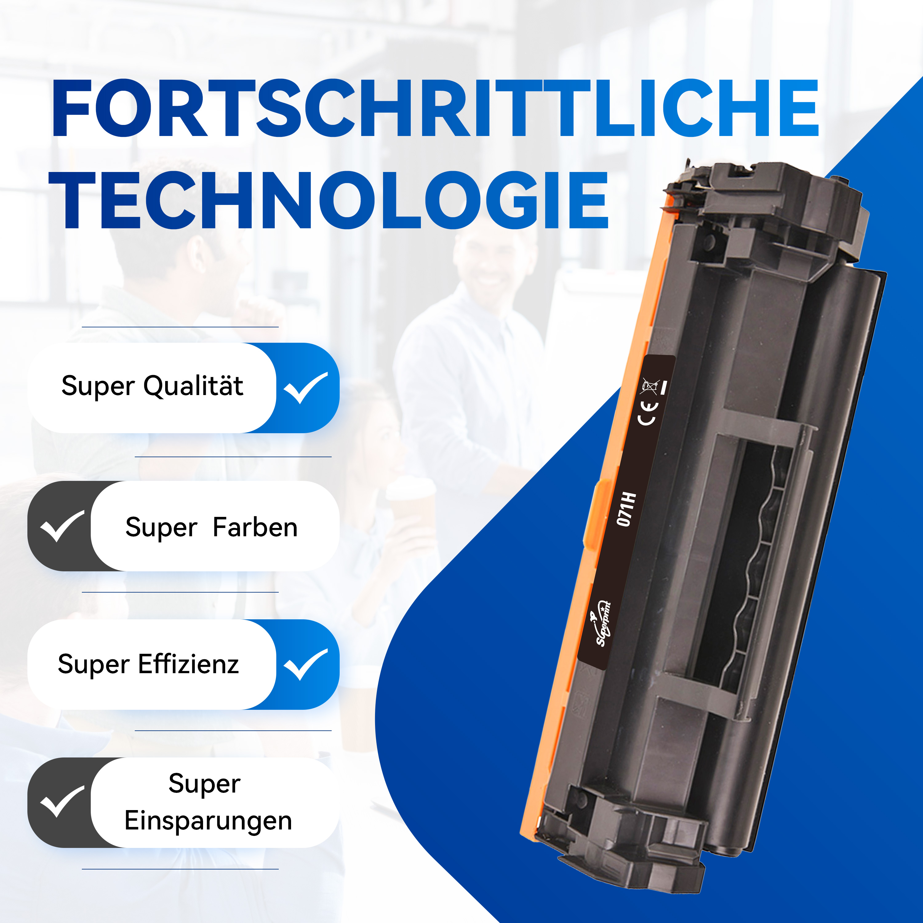 Een zwarte en oranje printertonercartridge met vinkjes en tekst over kwaliteit, kleuren en besparingen.