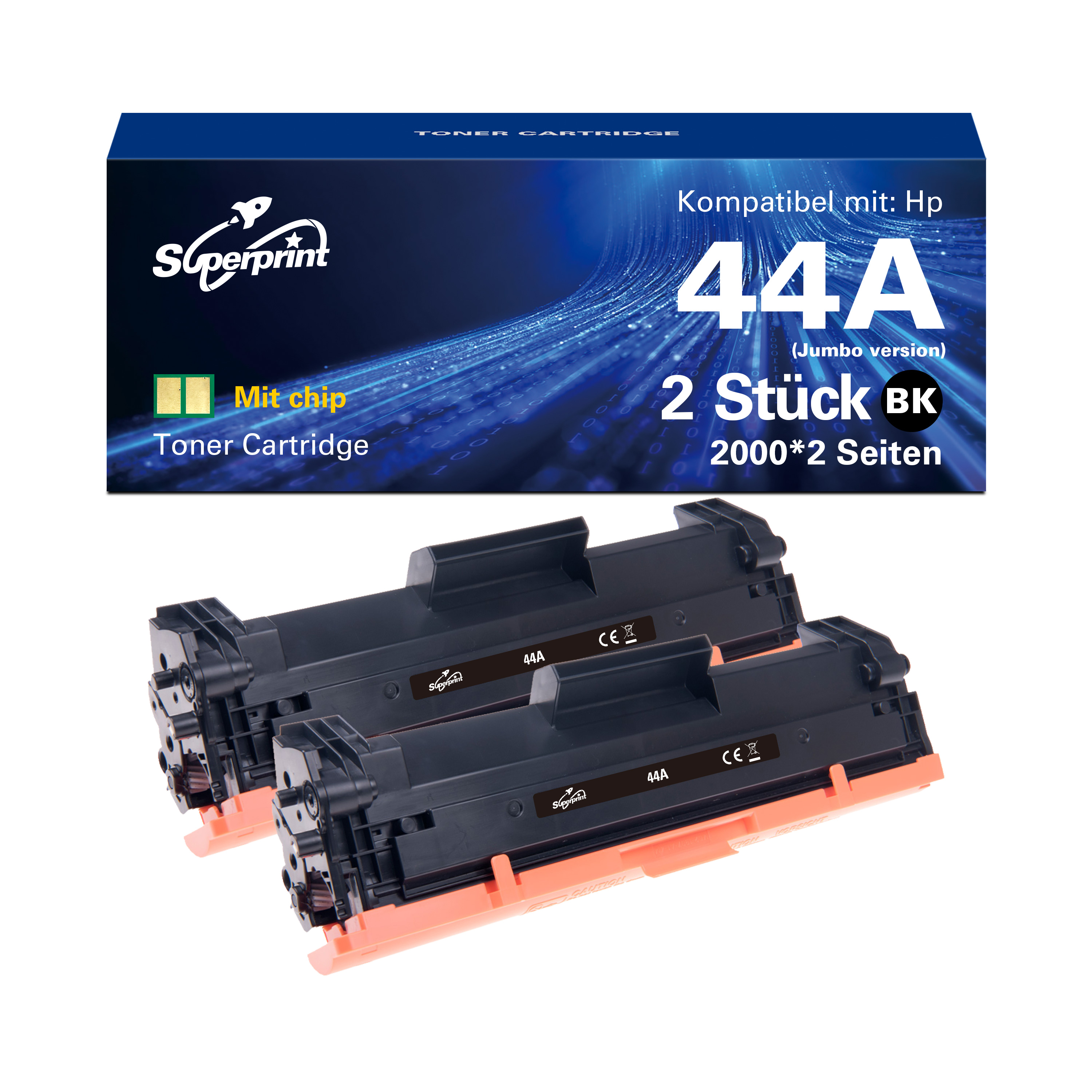 Deux cartouches de toner noires étiquetées "44A" dans une boîte avec le texte "2 Stück" et "Toner Cartridge".