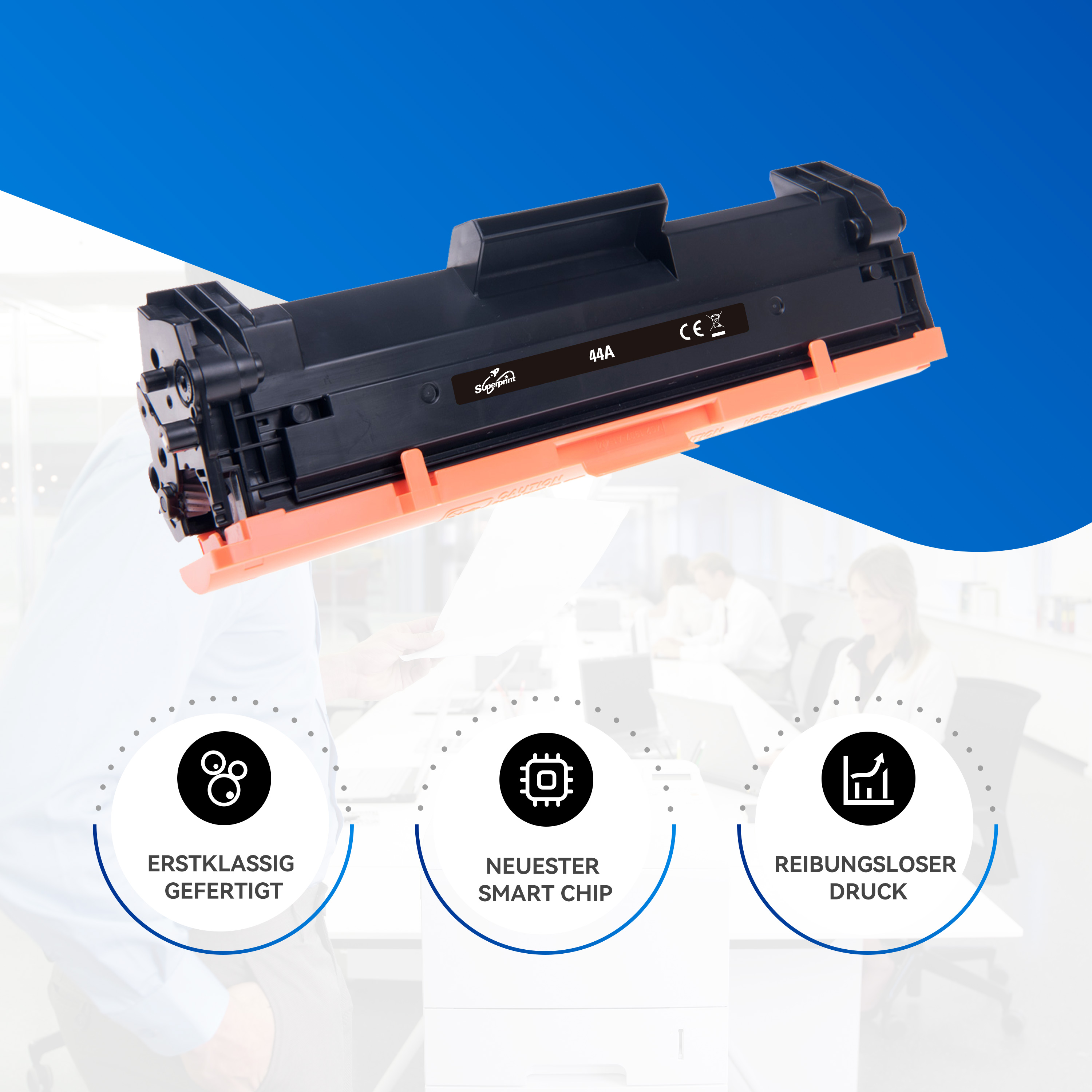 Cartouche de toner noire avec détails orange, icônes qualité, puce intelligente et impression fluide.