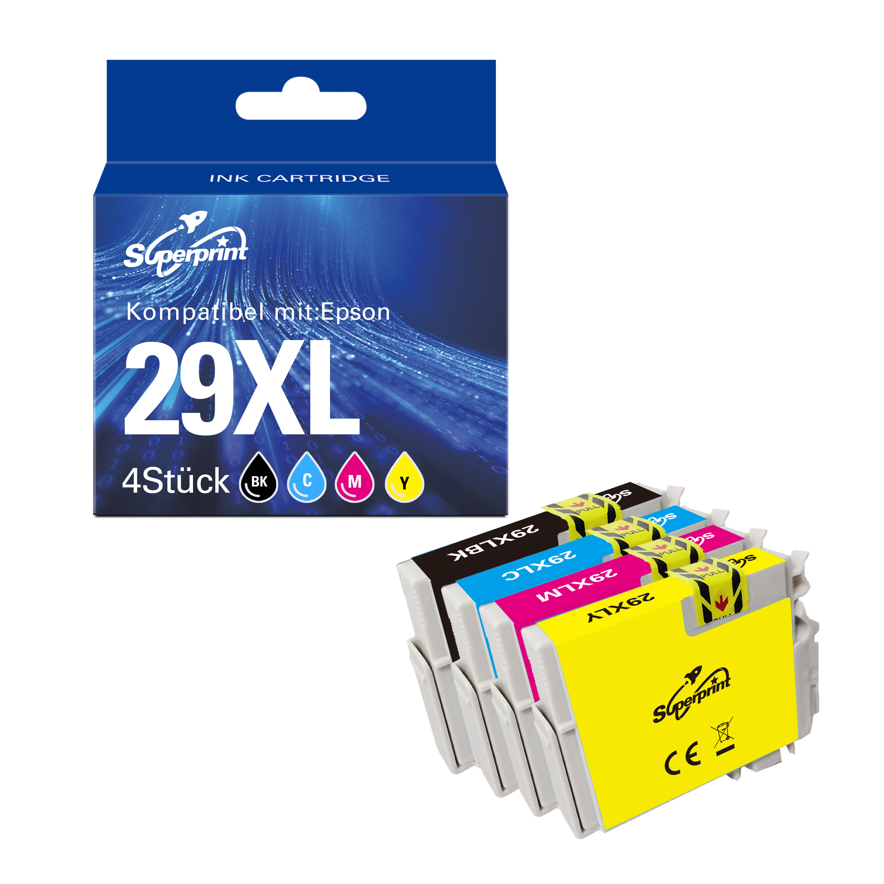 Cartouches d'encre dans une boîte. Les cartouches sont noires, cyan, magenta et jaunes. La boîte affiche les informations du produit.