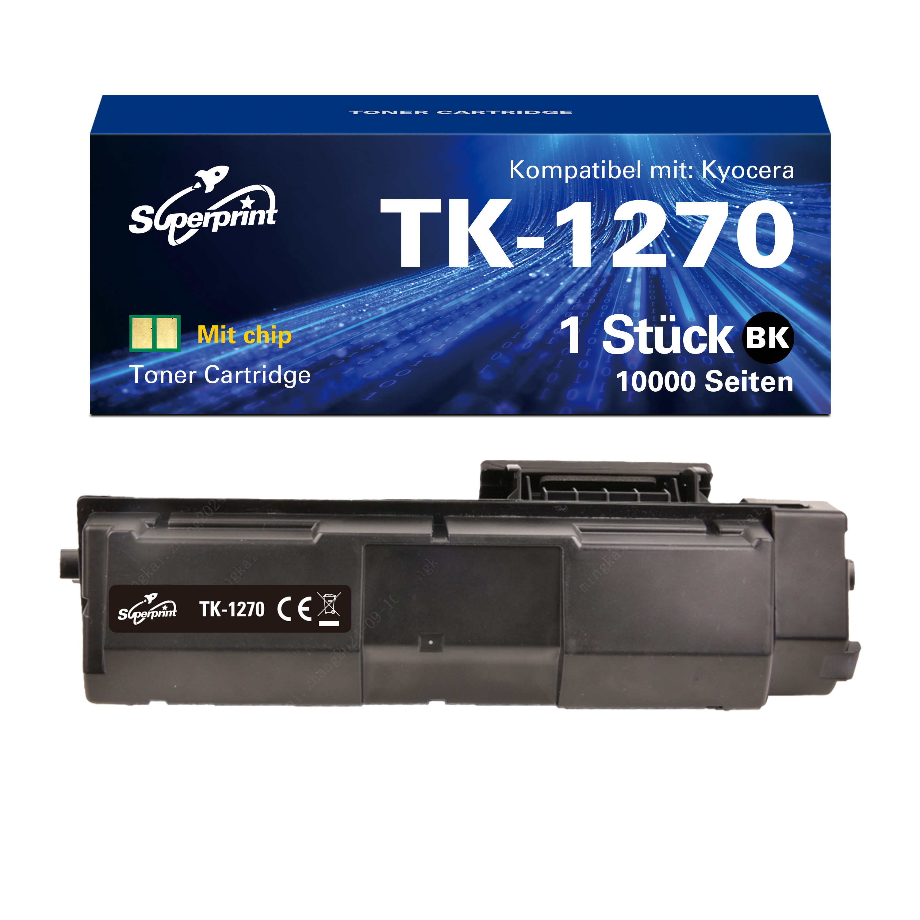Cartouche de toner noire et boîte, étiquetées TK-1270, sur fond blanc.