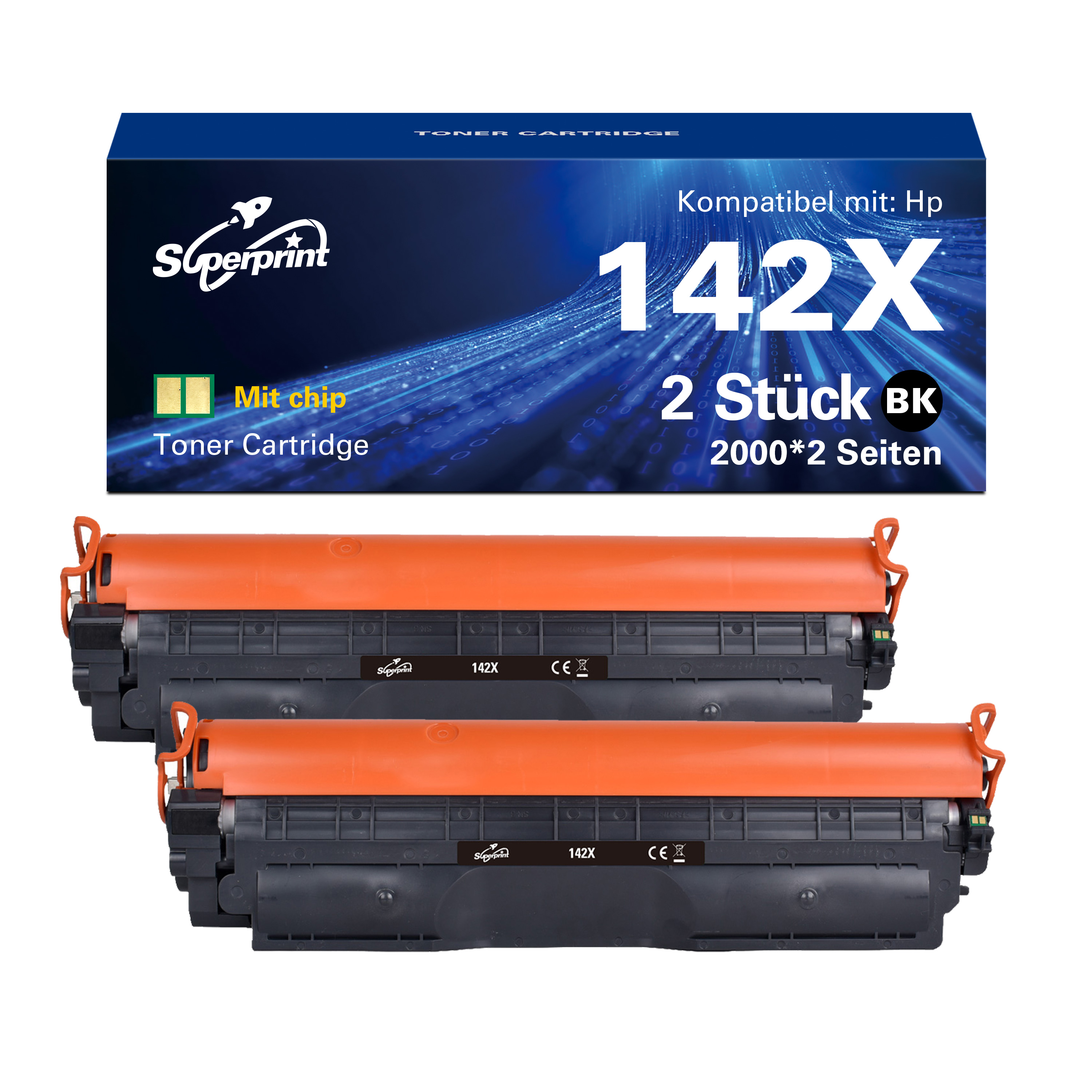 Twee zwarte tonercartridges met oranje details, en een doos erbovenop. Blauwe en witte achtergrond.