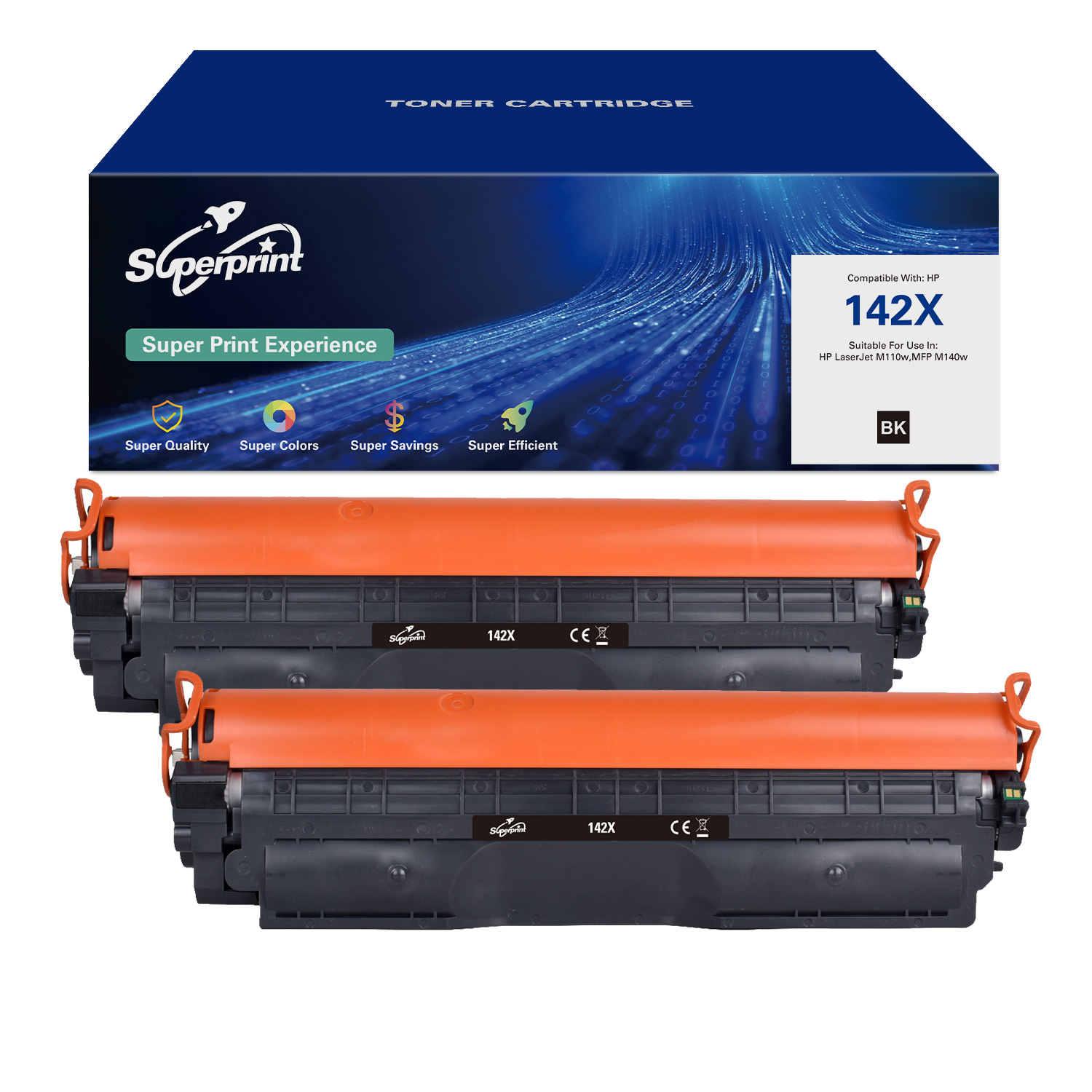 Twee inktcartridges in een doos, met oranje accenten. Tekst op doos: Toner Cartridge.