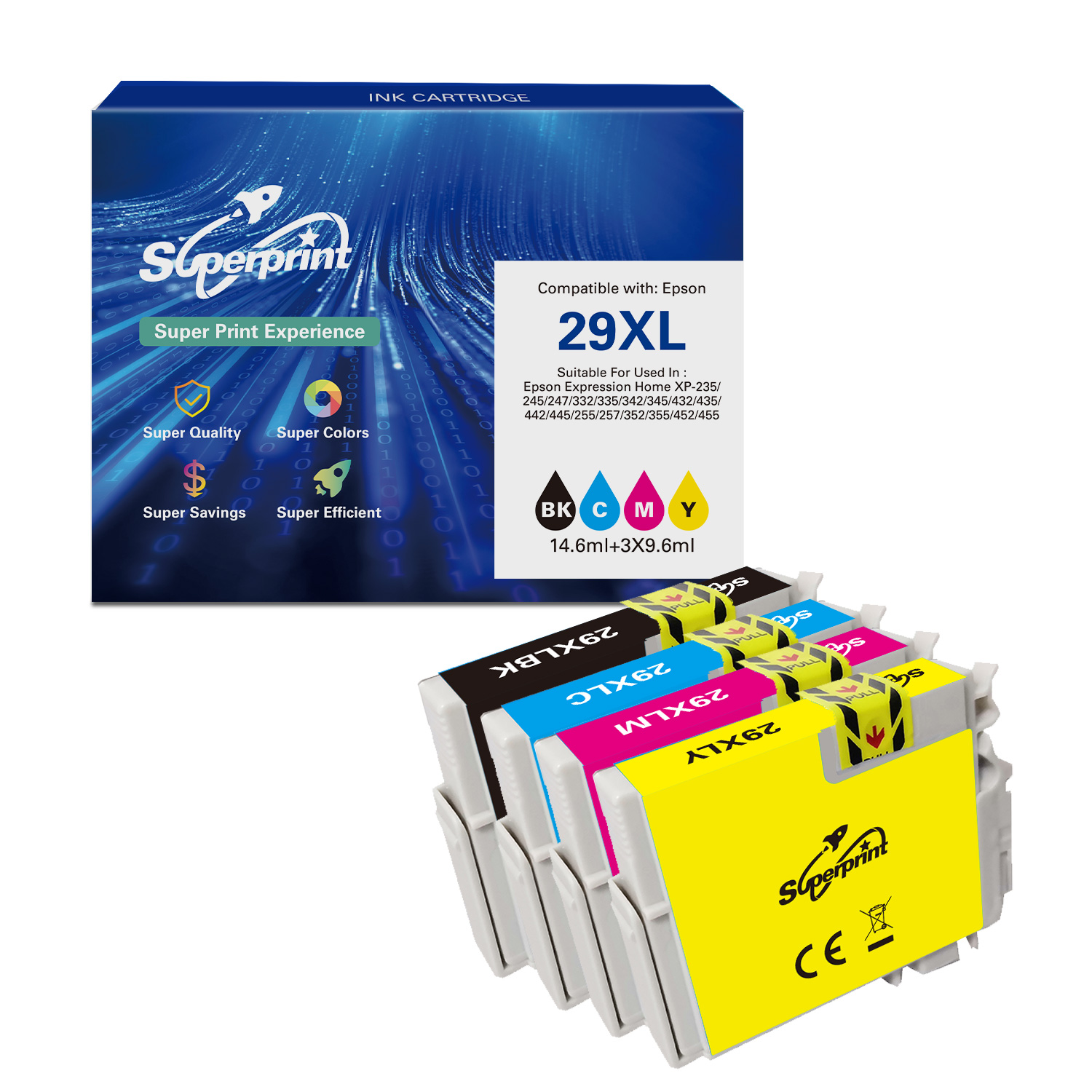 Cartouches d'encre dans une boîte avec des étiquettes de couleur. L'emballage dit : 'Super Print Experience'.