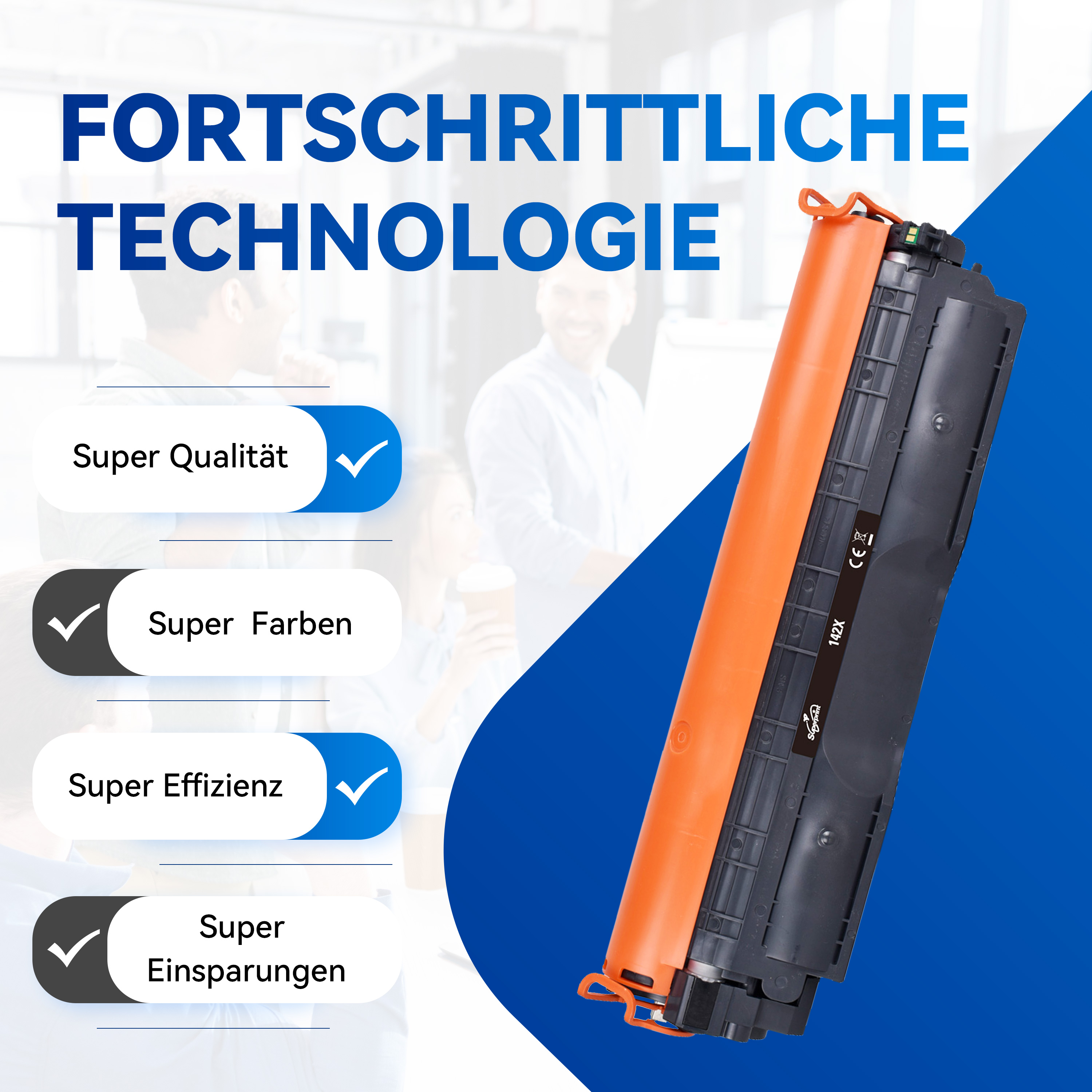 Oranje tonercartridge met vinkjes naast 'Super Kwaliteit', 'Super Kleuren' en 'Super Efficiëntie'.