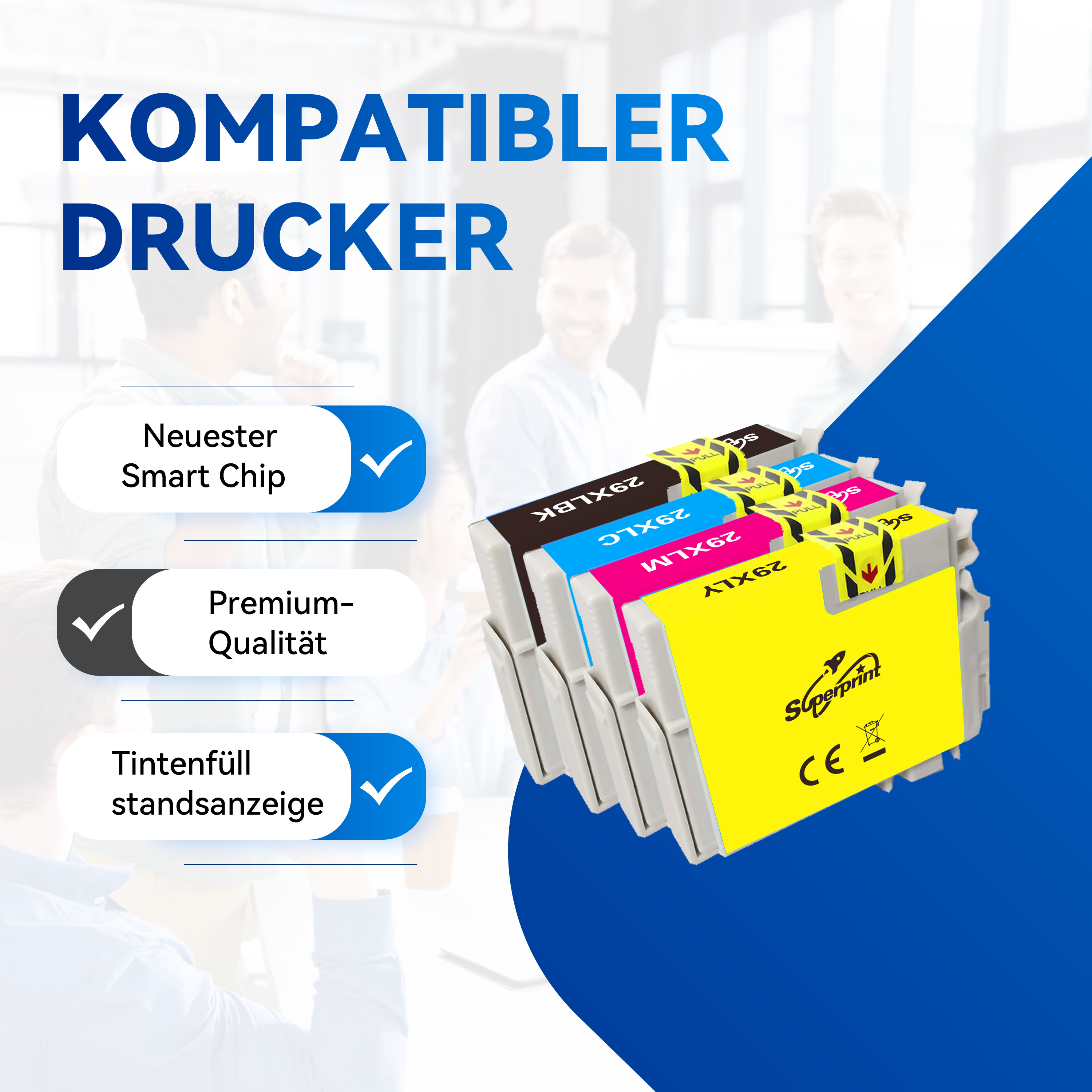 Cartouches d'encre avec des cases à cocher, étiquetées avec 'Neuester Smart Chip', 'Premium-Qualität', 'Tintenfüllstandanzeige'.