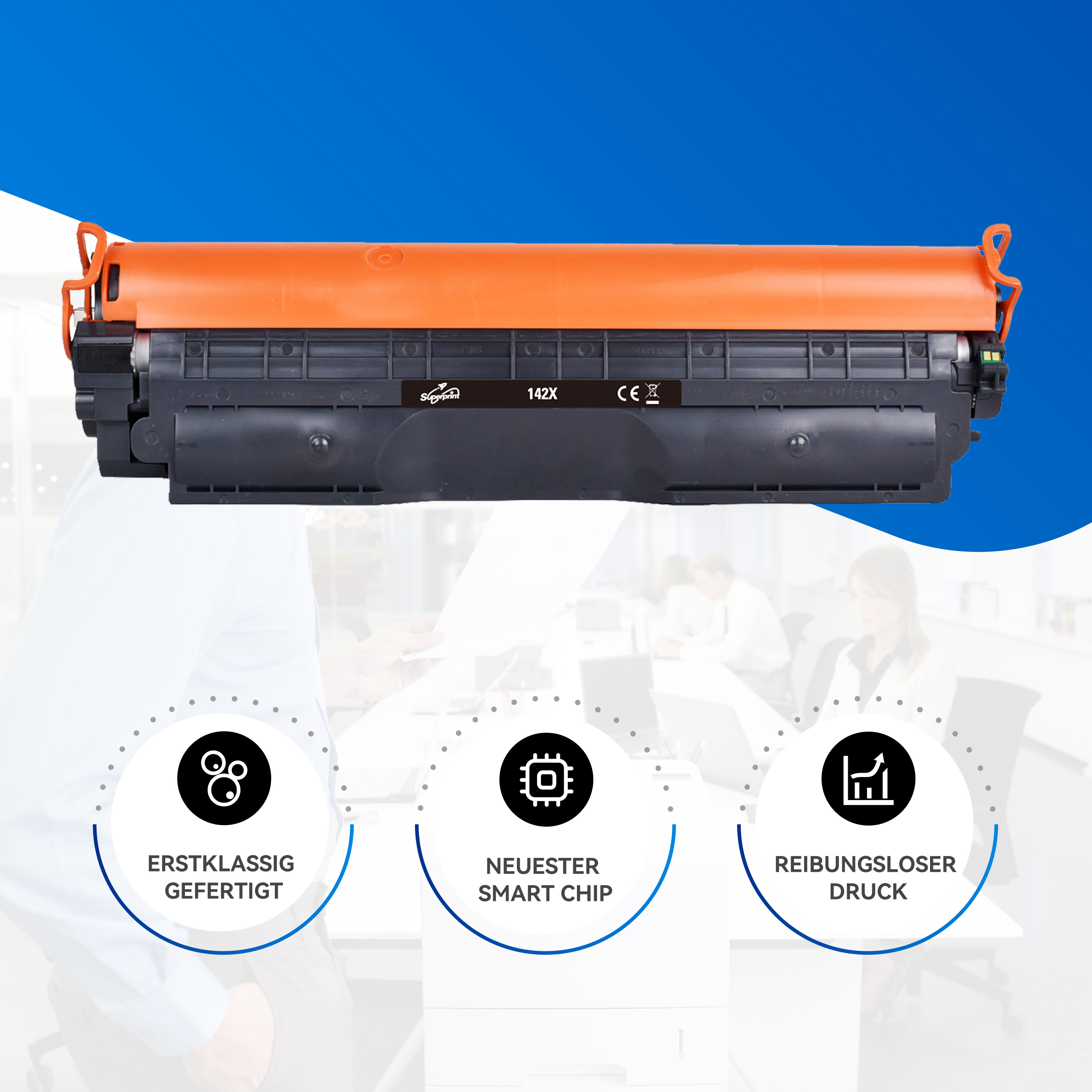 Toner cartridge met oranje handvat, functies voor kwaliteit, kleuren, besparingen en efficiëntie.