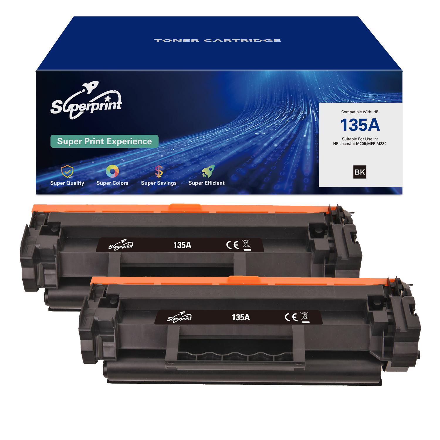 Deux cartouches de toner noires et oranges dans une boîte. La boîte indique 'TONER CARTRIDGE'.