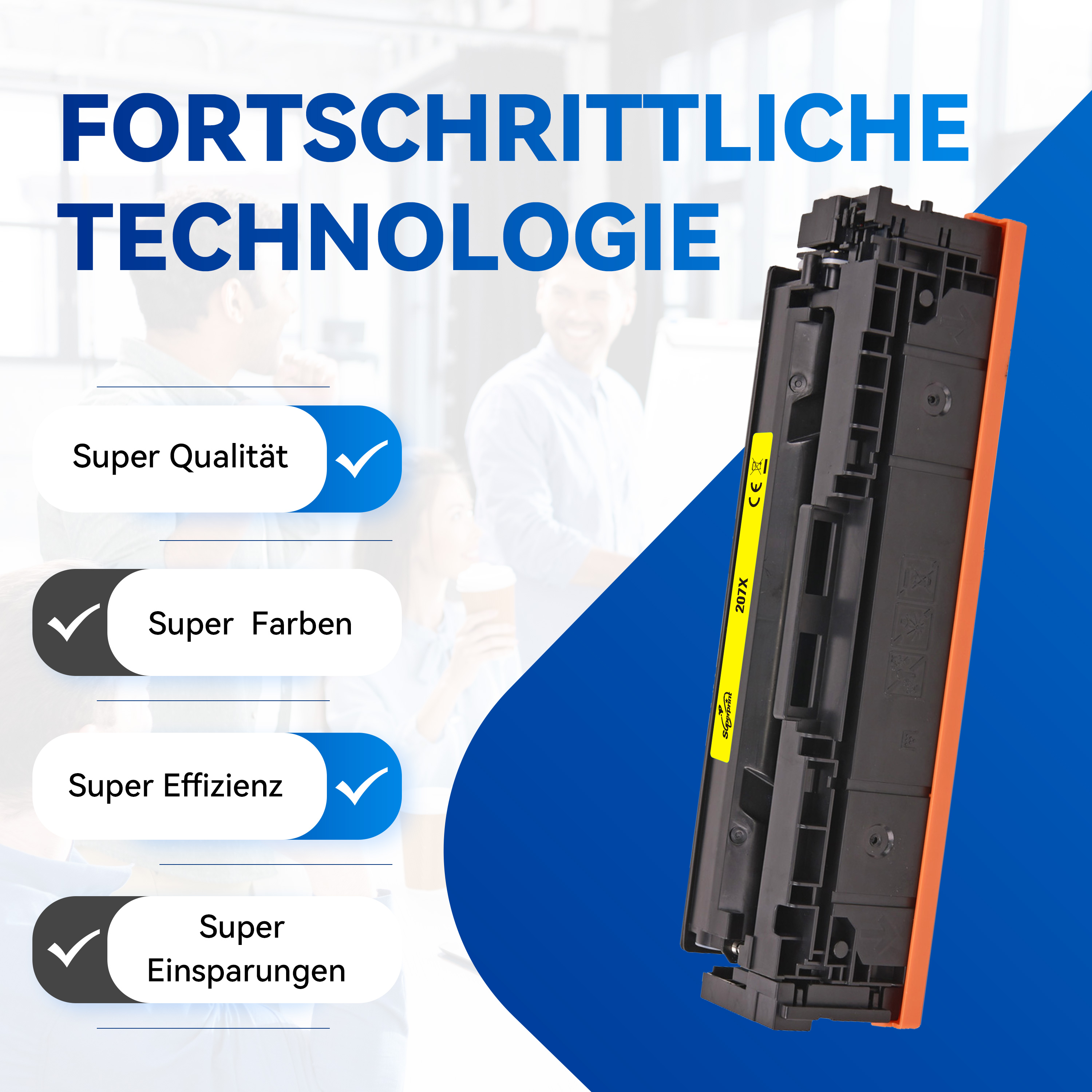 Een zwart-oranje tonercartridge met tekst en vinkjes die kwaliteit, kleur, efficiëntie en besparingen aangeven.