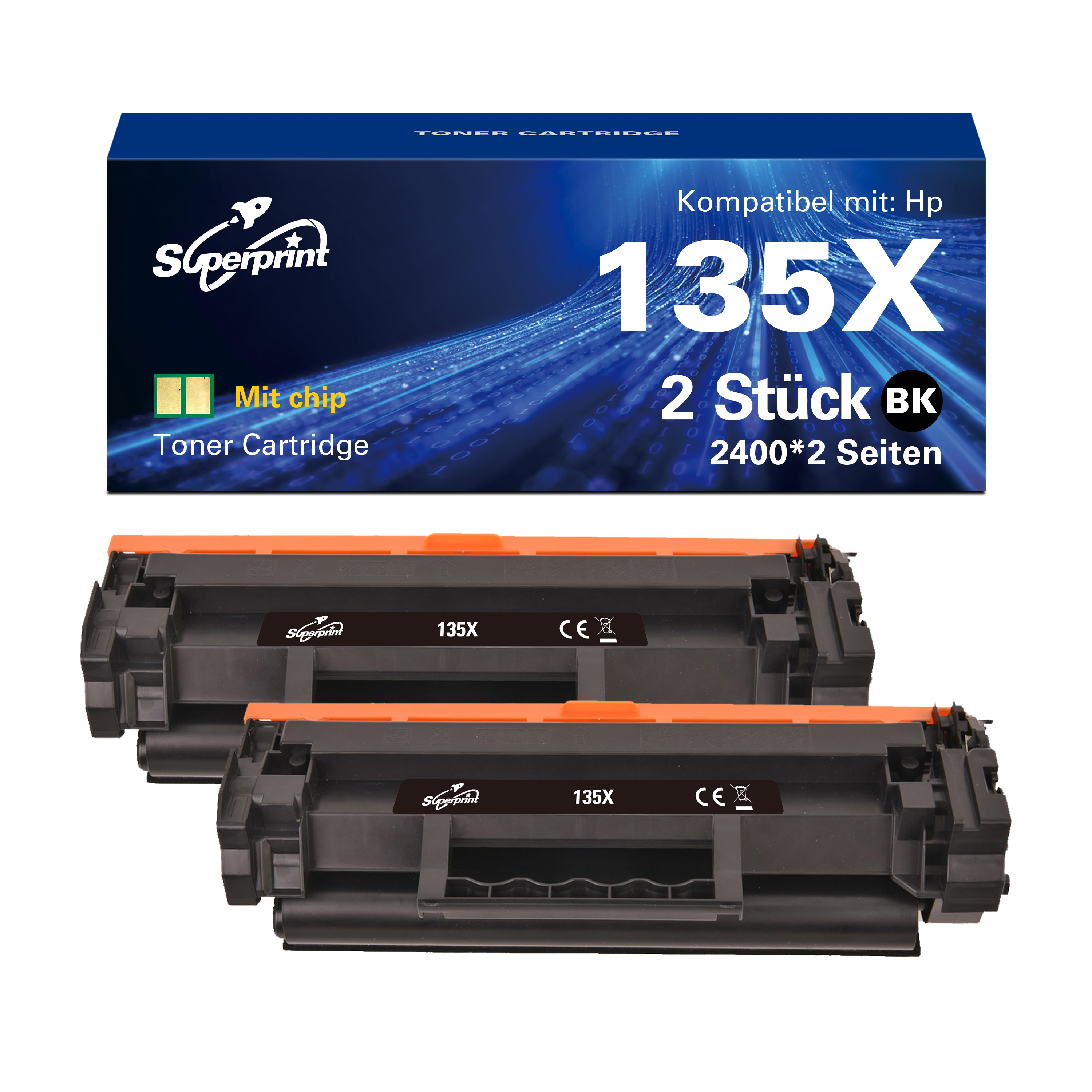 Deux cartouches de toner noires dans une boîte. La boîte a des détails bleus. Les cartouches ont des accents orange.