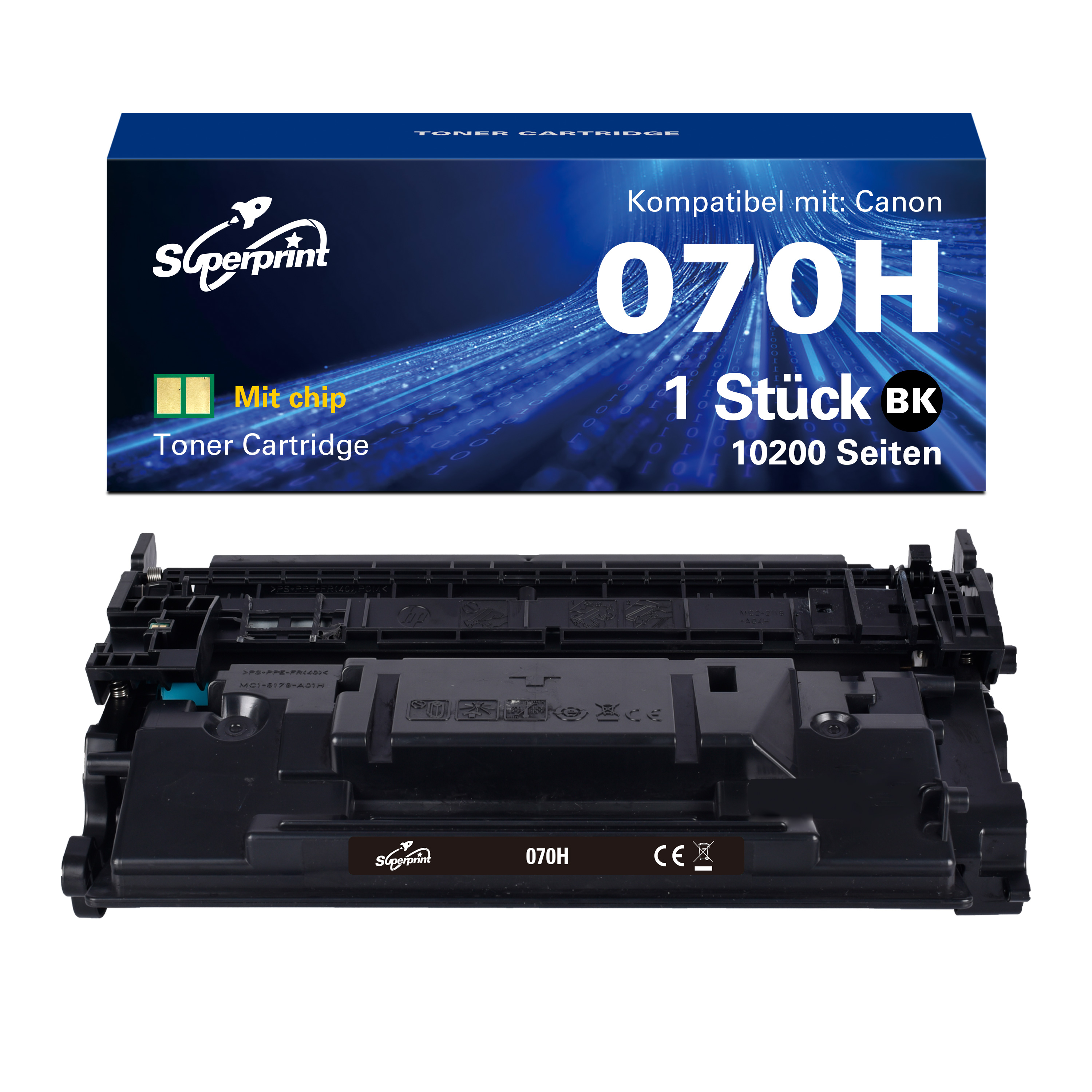 Tonercartridge en doos. De doos zegt '070H' en '1 Stück BK'. De cartridge is zwart.