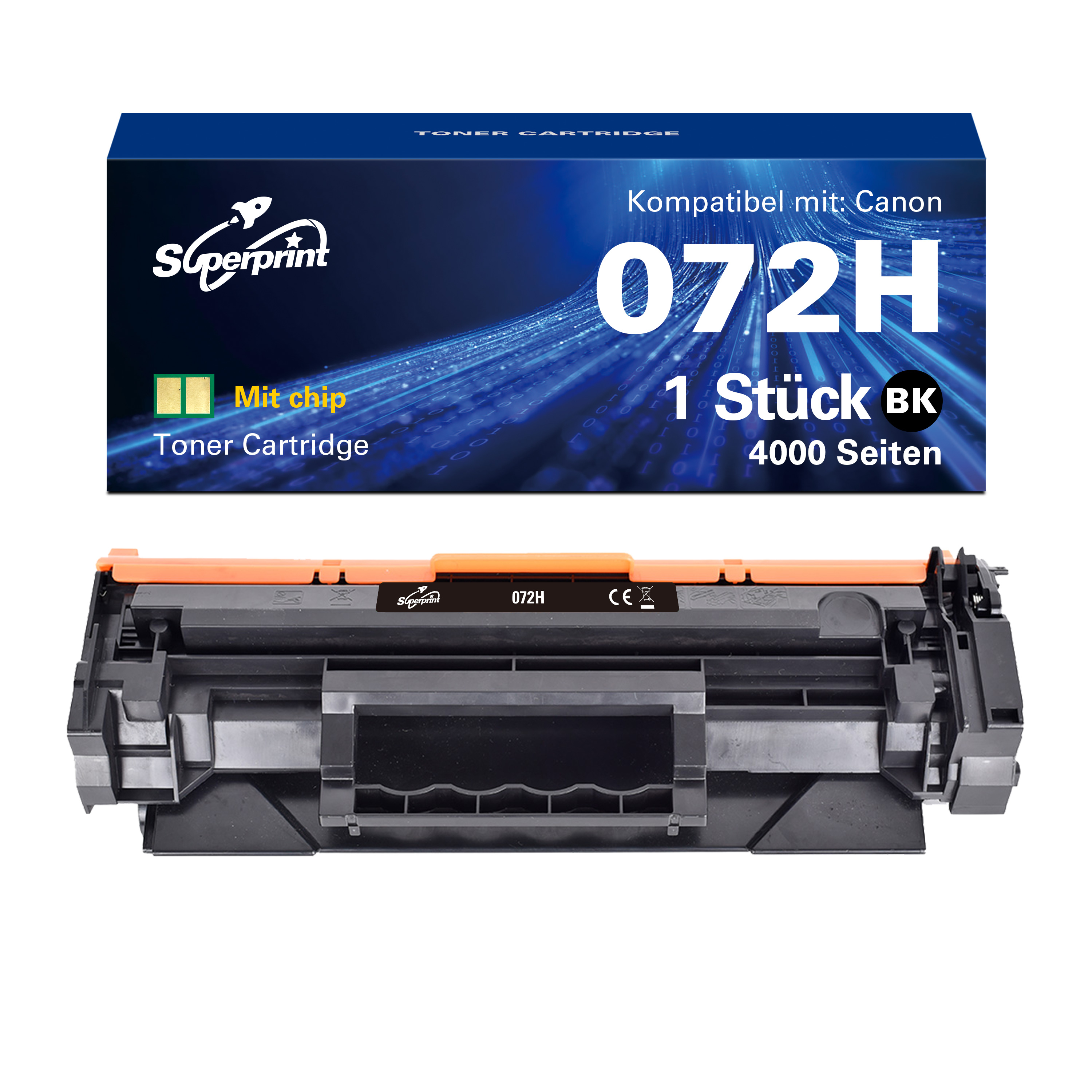 Zwarte en oranje tonercartridgebox en toner, tegen een witte achtergrond.