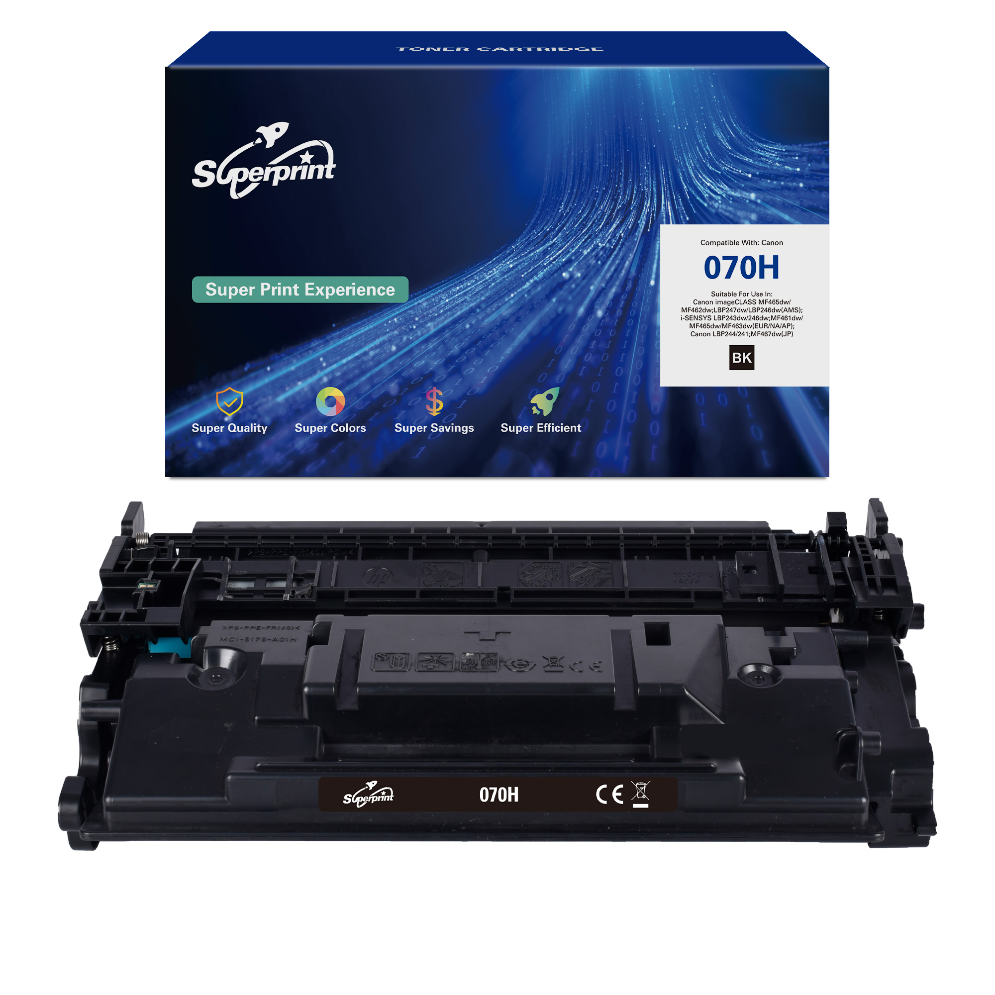 Een tonercartridge doos met een compatibel printerlabel. De cartridge zelf is zwart. Er staat Super Print Experience.