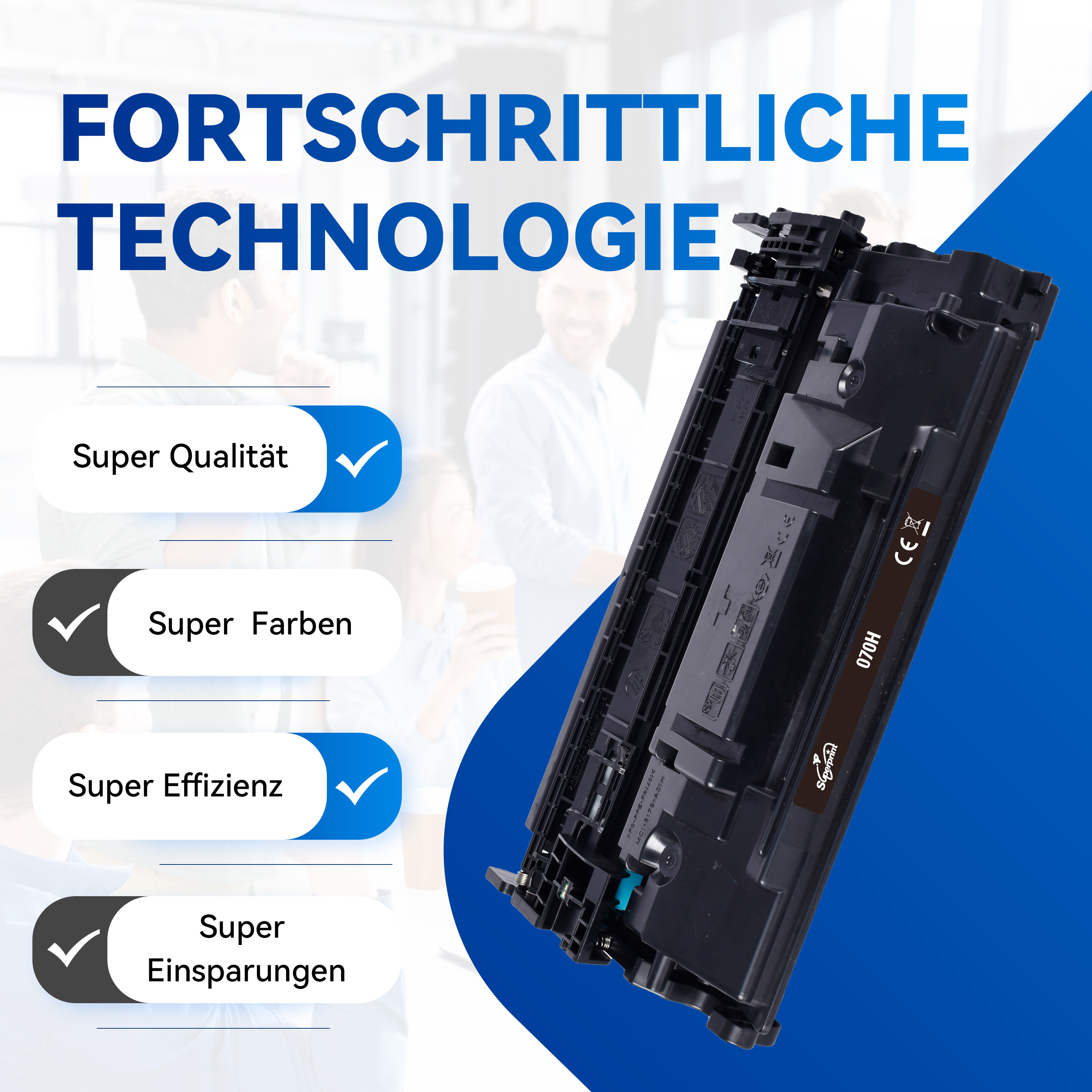 Een tonercartridge met tekst in blauw. Toont Super Kwaliteit, Kleuren, Efficiëntie en Besparingen.