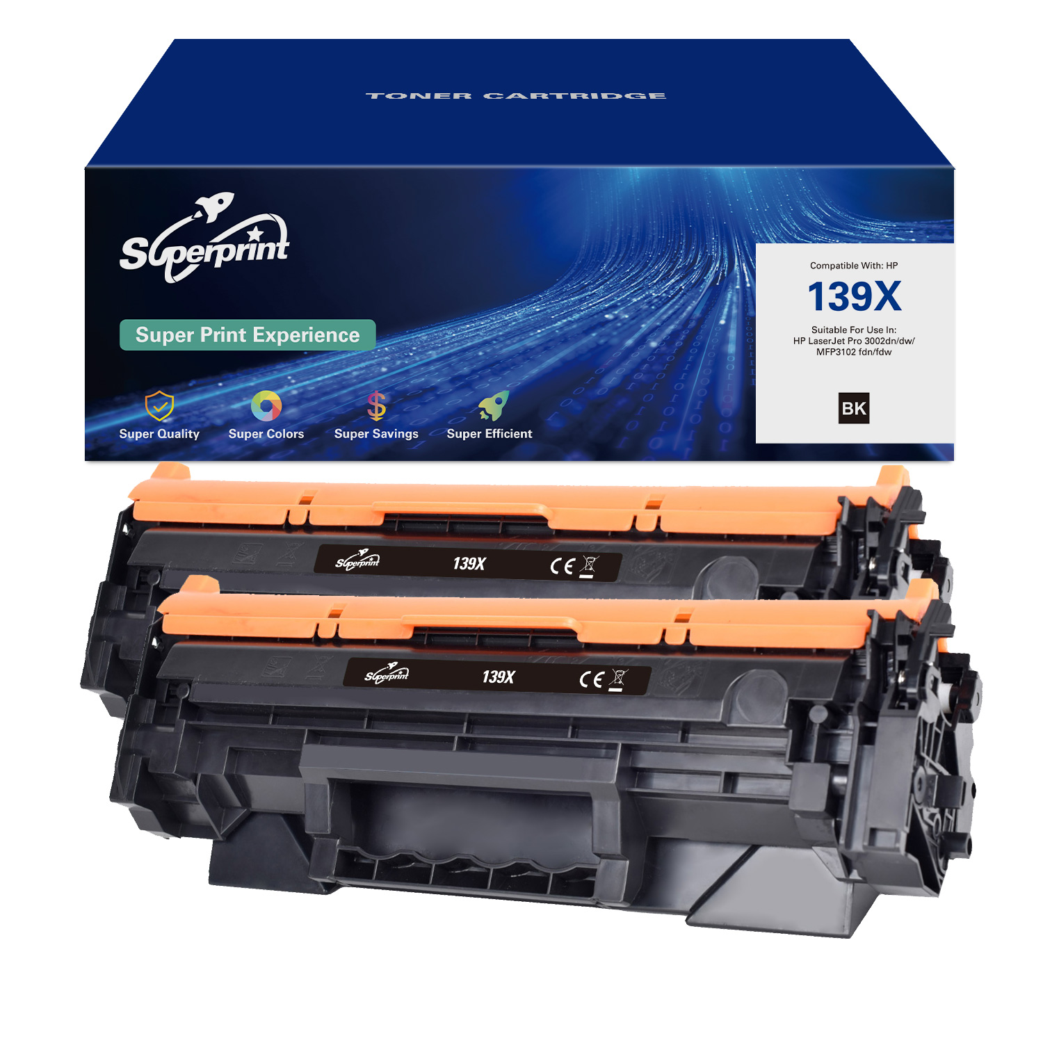 Twee zwart-oranje printercartridges in een doos met tekst en een blauwe achtergrond.