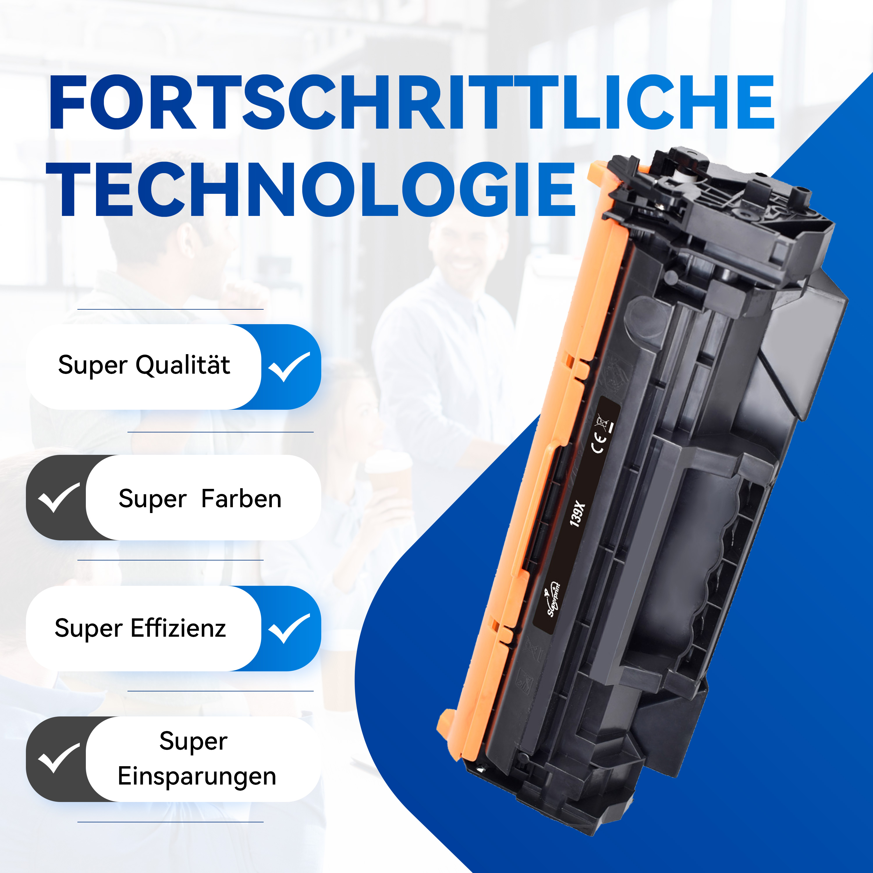 Een oranje en zwarte printercartridge met vinkjes en tekst in het Duits: Super Qualität, Farben, Effizienz, Einsparungen.