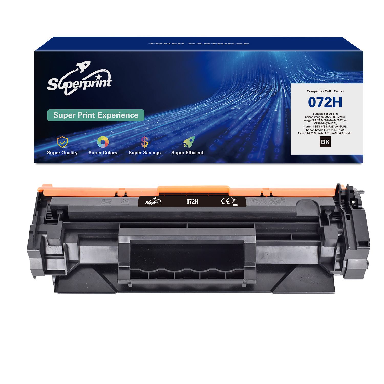 Tonercartridge doos en de cartridge zelf, zwart en oranje, met 'Superprint' logo.