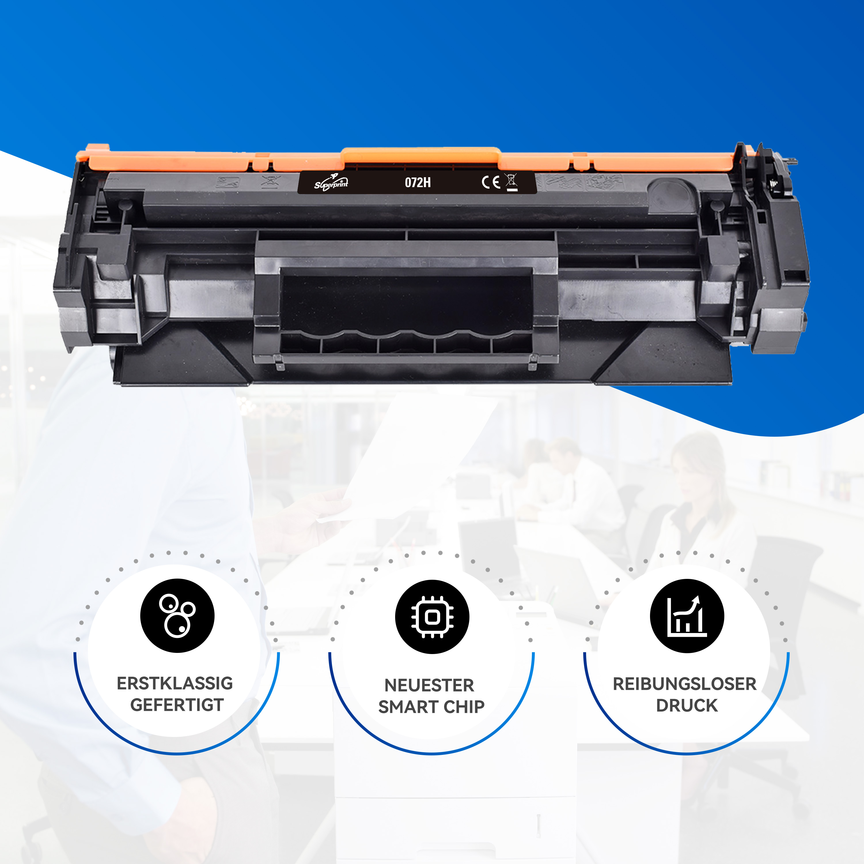 Inktcartridge met labels: 'Erstklassig gefertigt', 'Neuester Smart Chip', 'Reibungsloser Druck'.