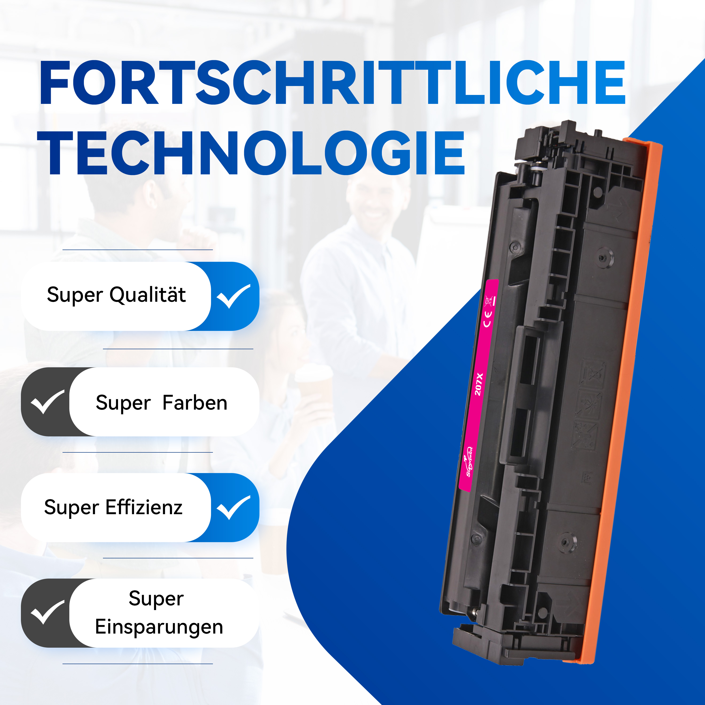 Afbeelding met tekst: 'Geavanceerde Technologie', vinkjes naast productbeschrijvingen.