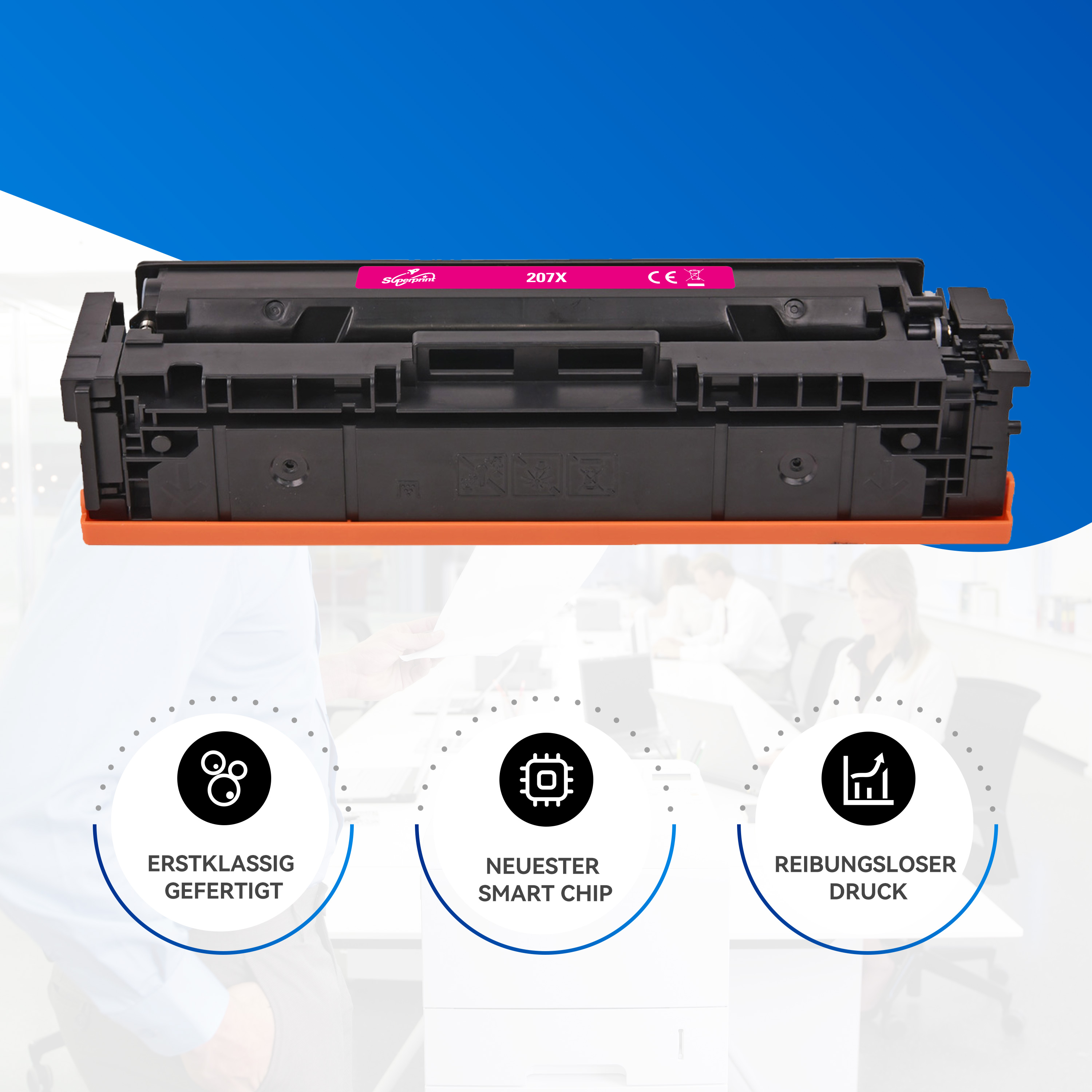 Inktcartridge met tekst en pictogrammen. Het heeft drie pictogrammen, waaronder een smart chip.