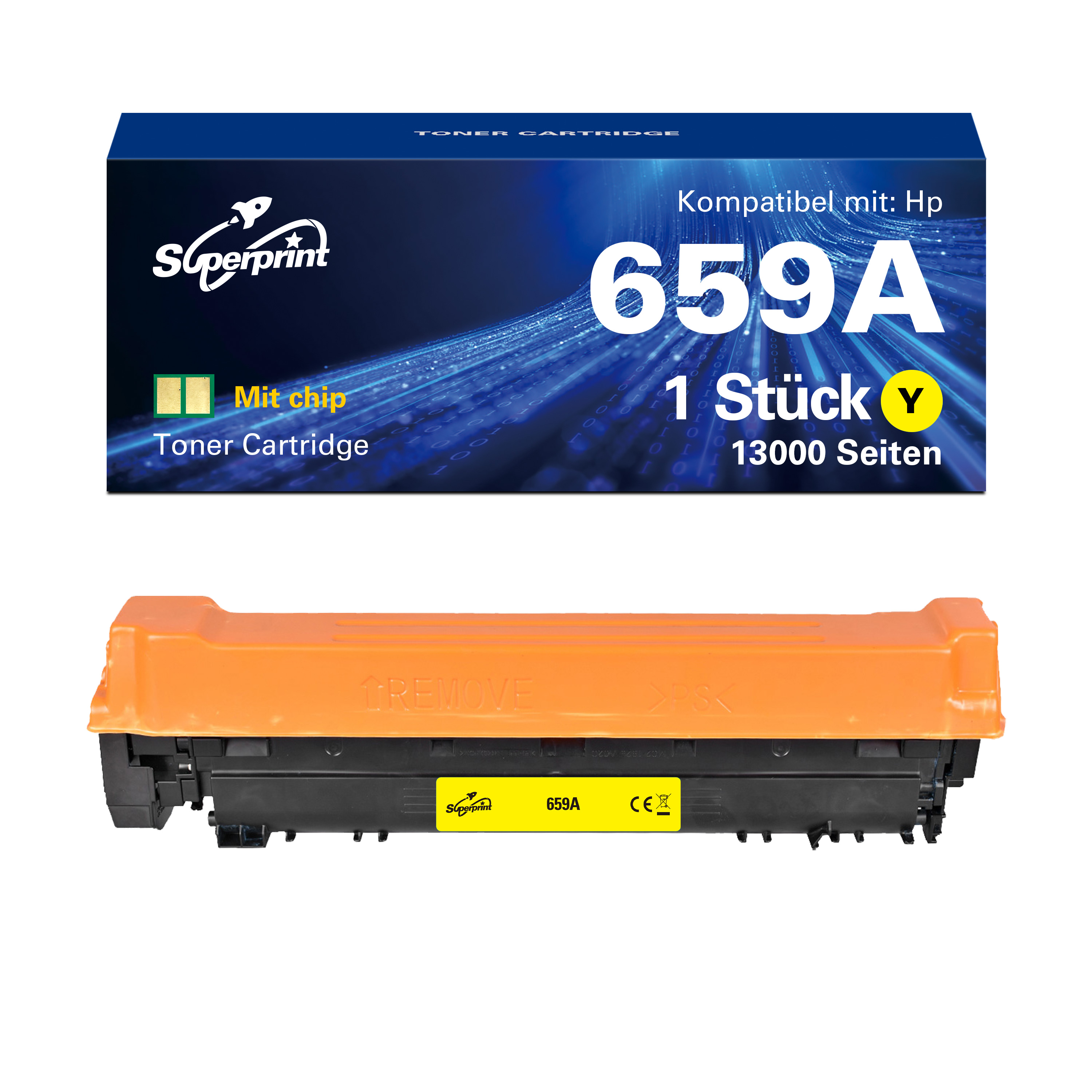 Tonercartridge doos en cartridge. De doos is blauw, de cartridge oranje. Tekst zichtbaar.