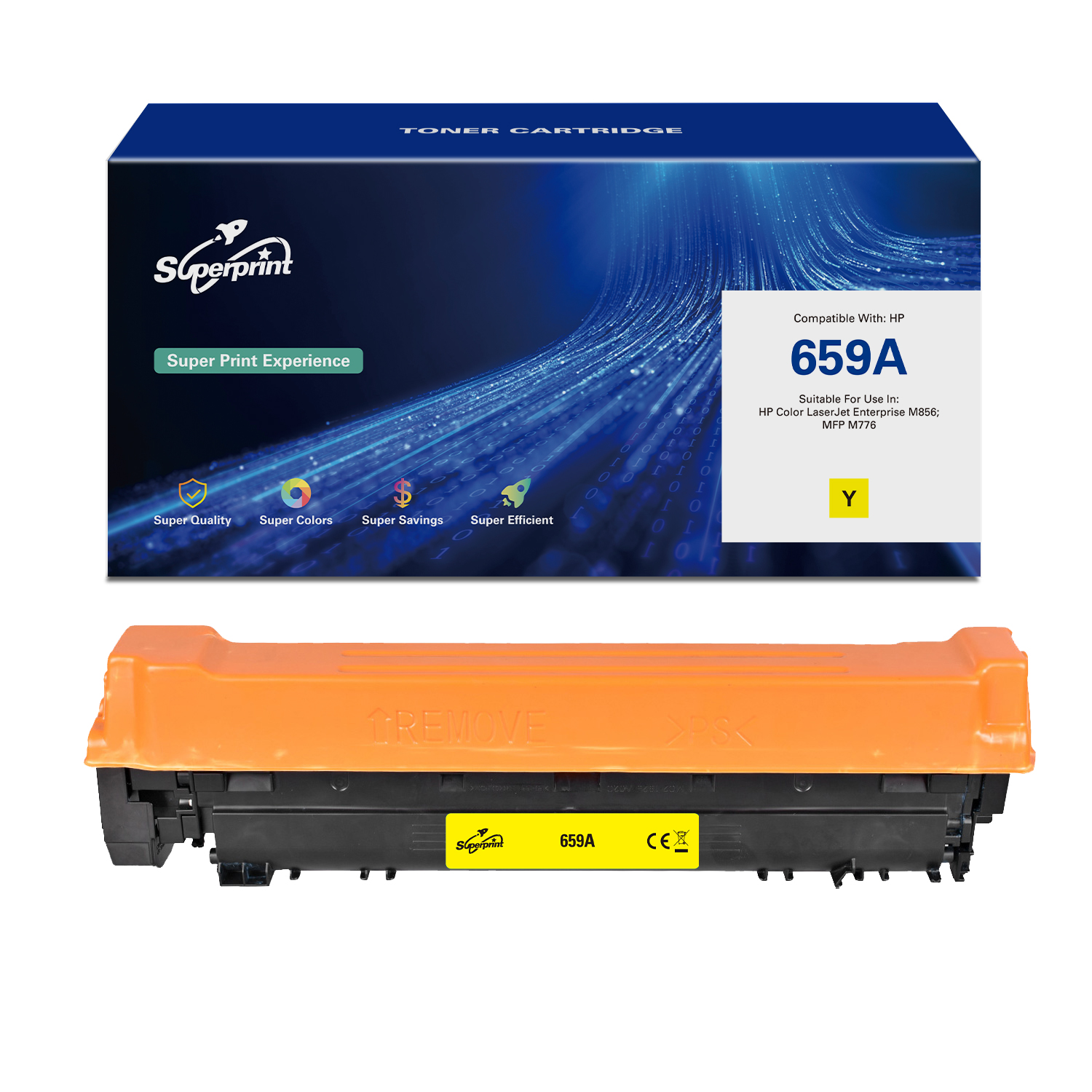 Tonercartridgebox en -cartridge. De doos is blauw en wit. De cartridge is oranje en zwart.